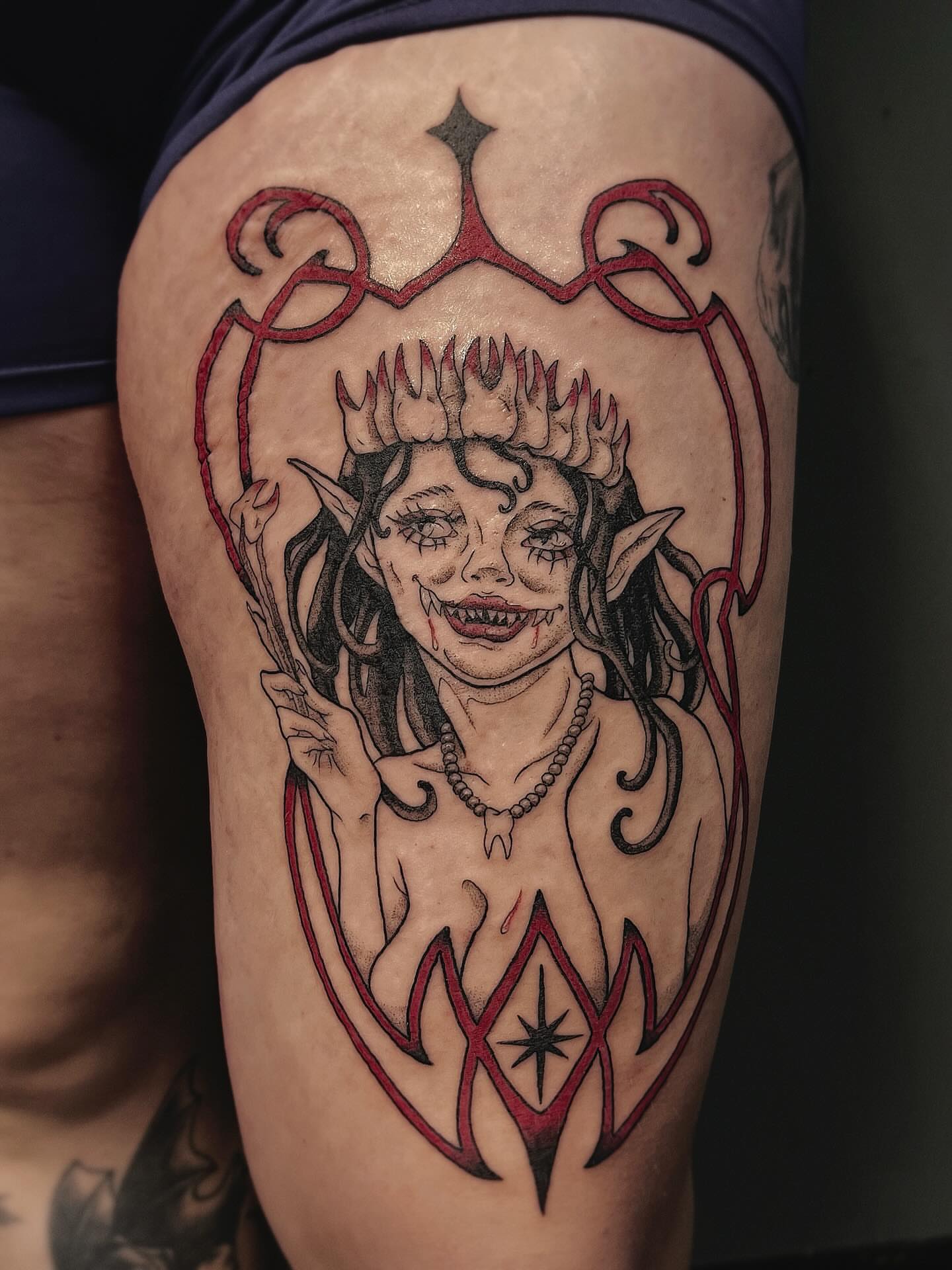 Elf-like creature dark realism tattoo on the thigh by β
πΈππππ β