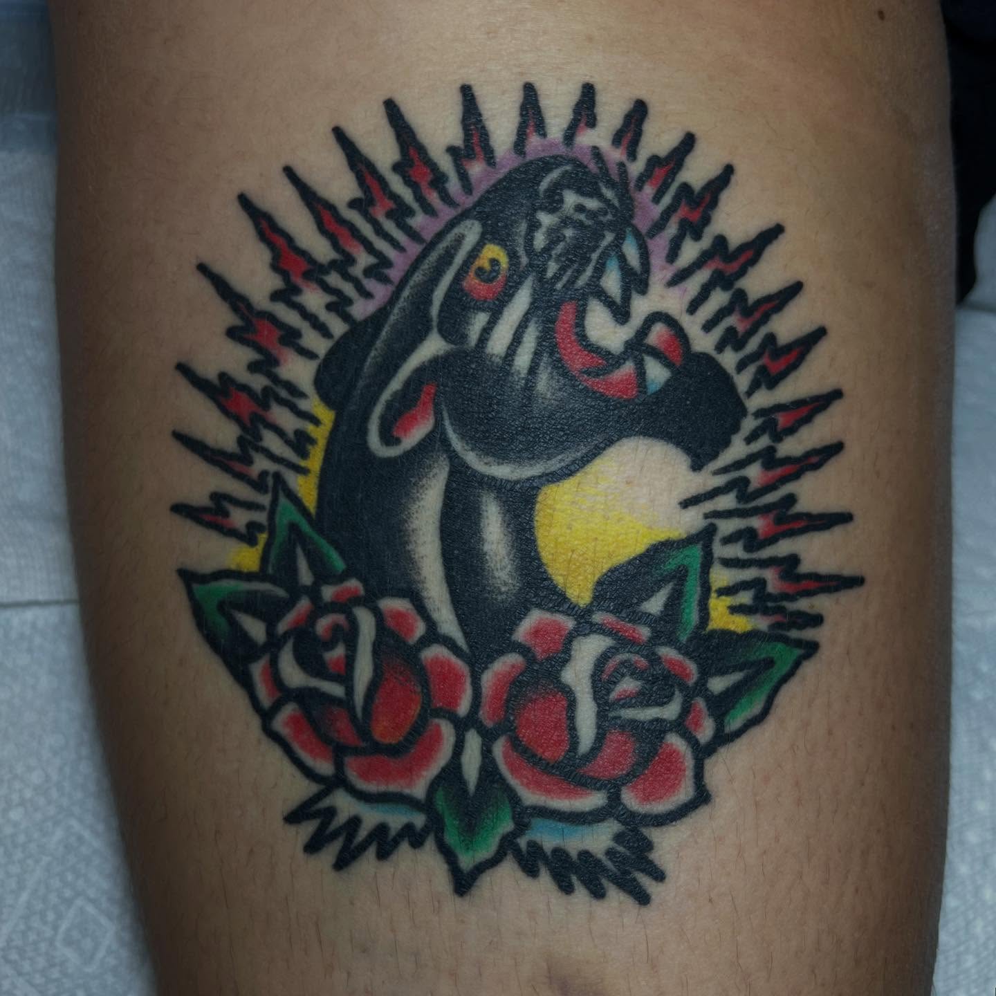 Gorilla and roses American traditional tattoo on the forearm by Tattoo