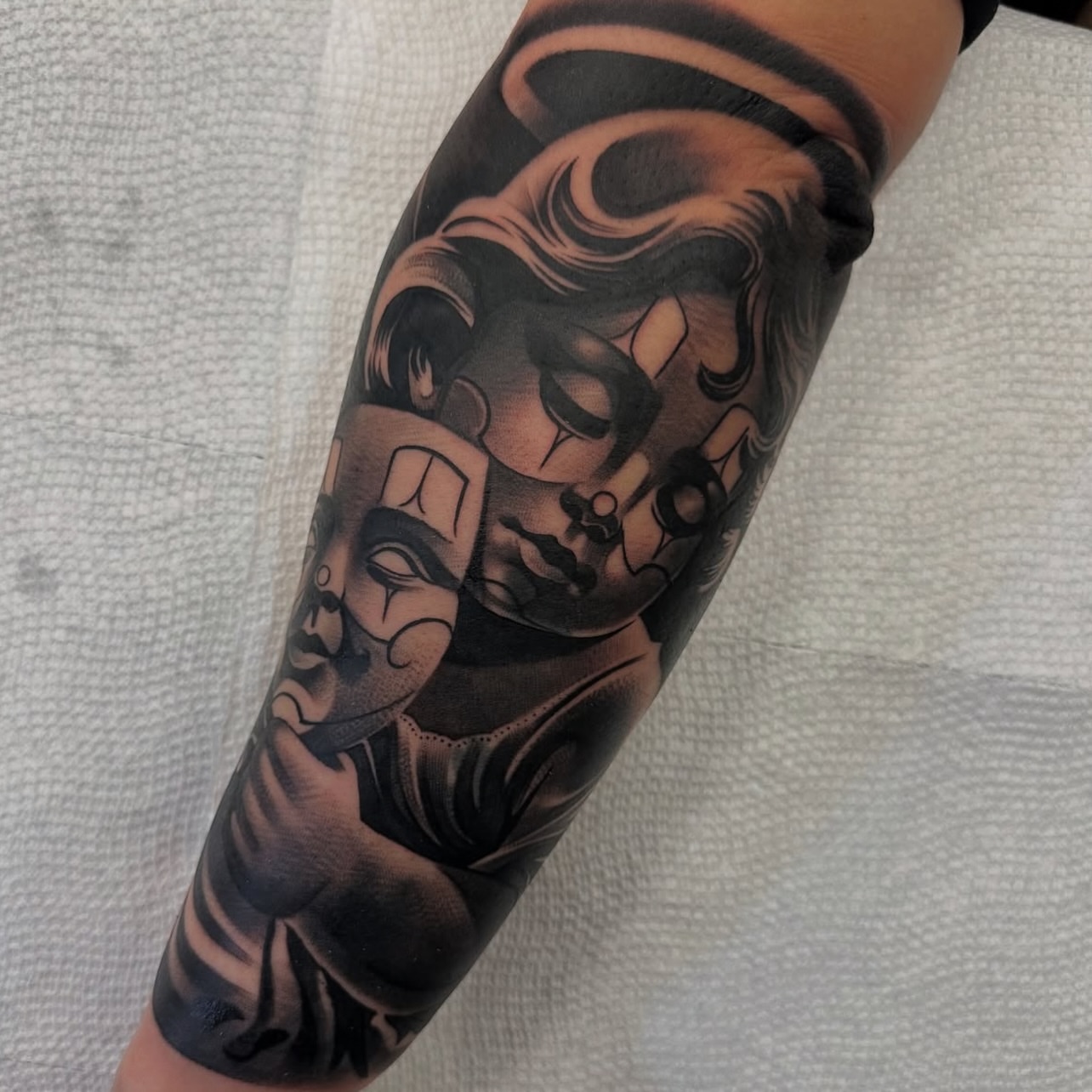 Woman with mask realism tattoo on the forearm by Bigtoons21