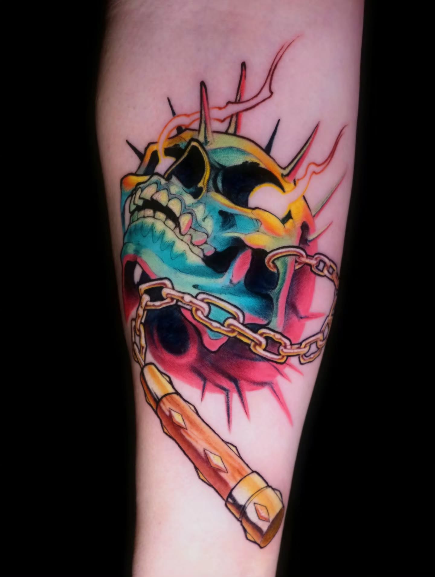 Skull and chain new school tattoo on the forearm by Justin Byrd, Kansas City, Missouri