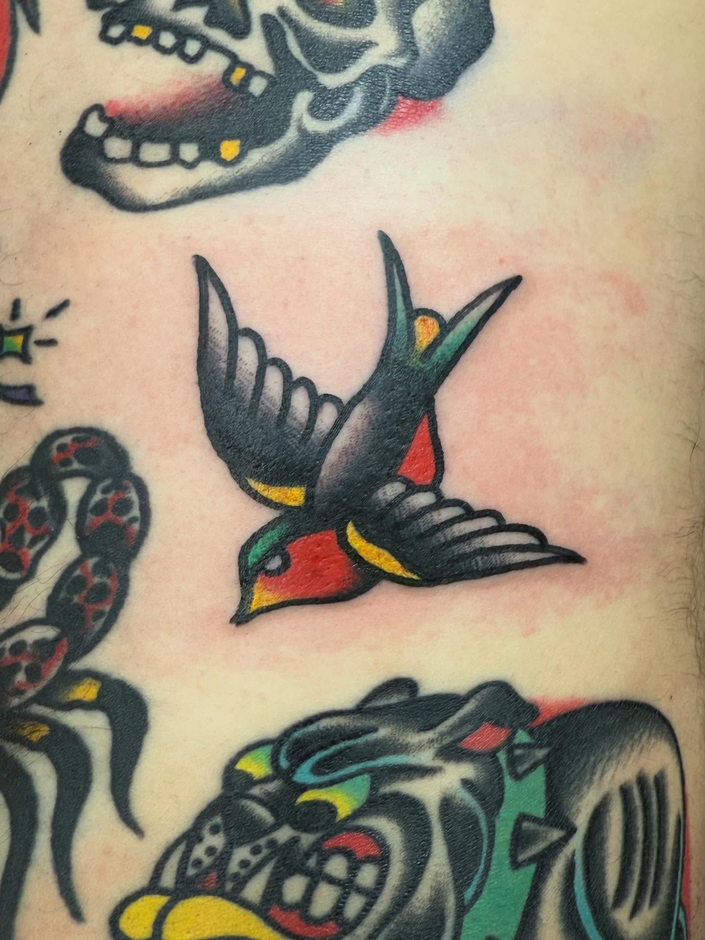 Swallow American traditional tattoo on the upper arm by Jesse Coldiron