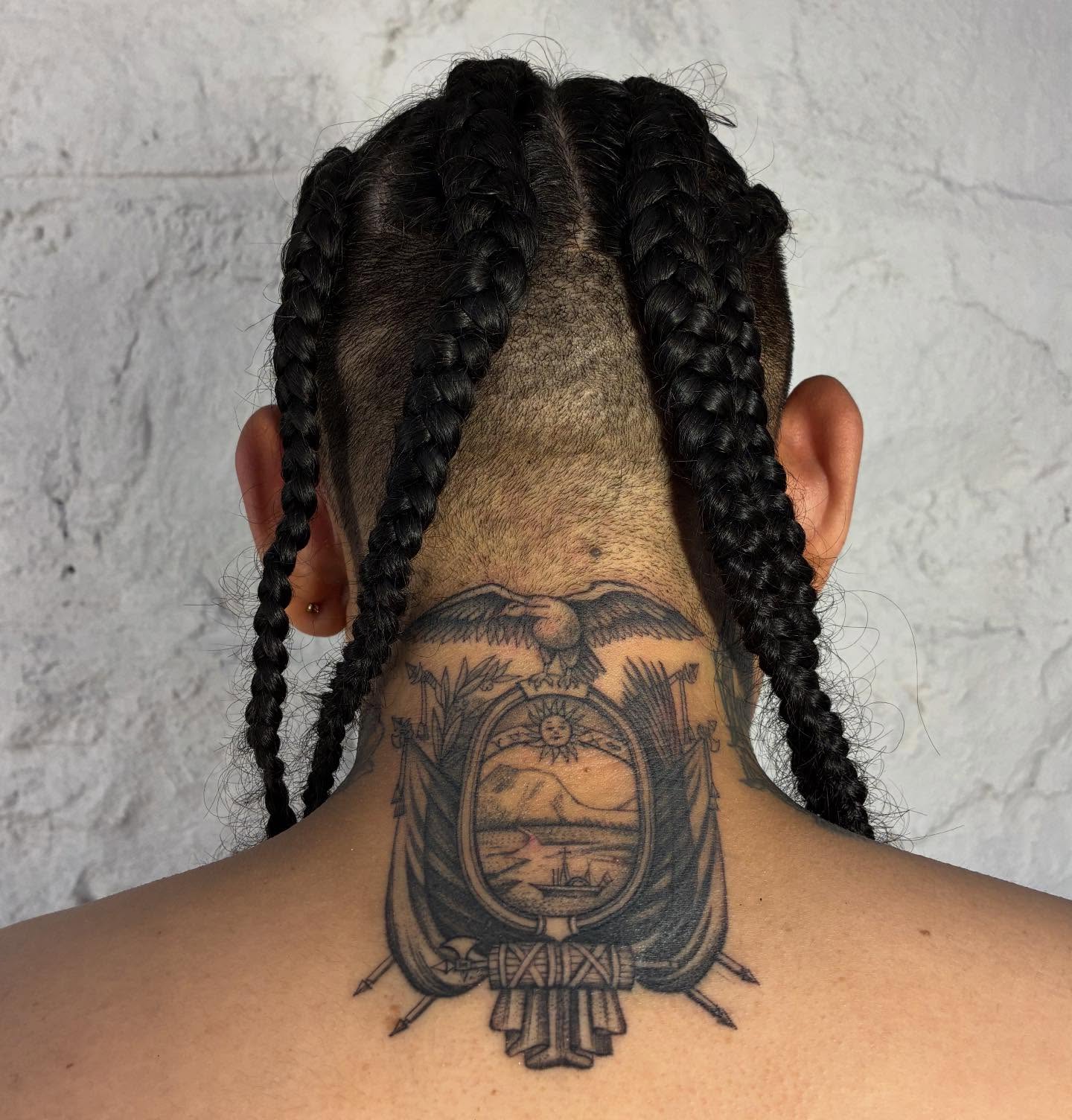 Coat of arms black and grey tattoo on the neck by Shamalee Delacruz✨