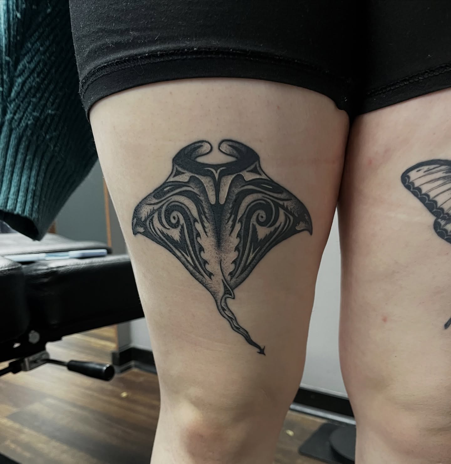 Ray black and grey tattoo on the thigh by Autumn Westbrook, Mentor, Ohio