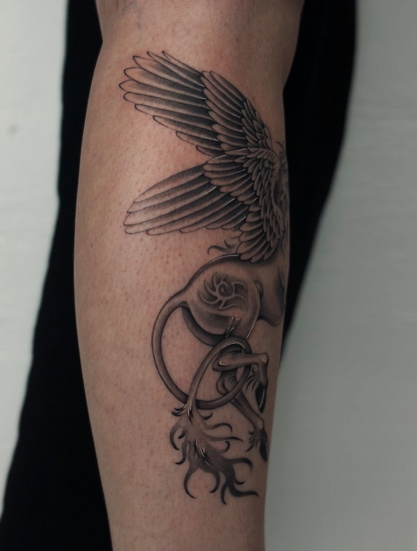 Winged dragon realism tattoo on the forearm by Lauryn Jenesis