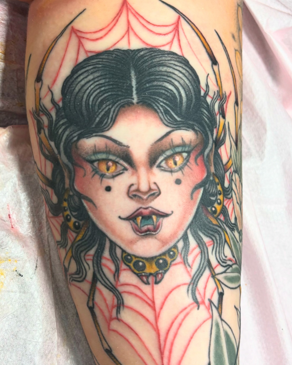 Woman with spiderweb American traditional tattoo on the forearm by π―πππππ