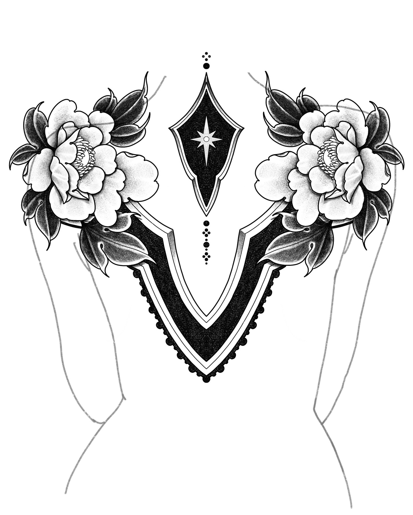 Floral shield black and grey tattoo on the chest by π―πππππ