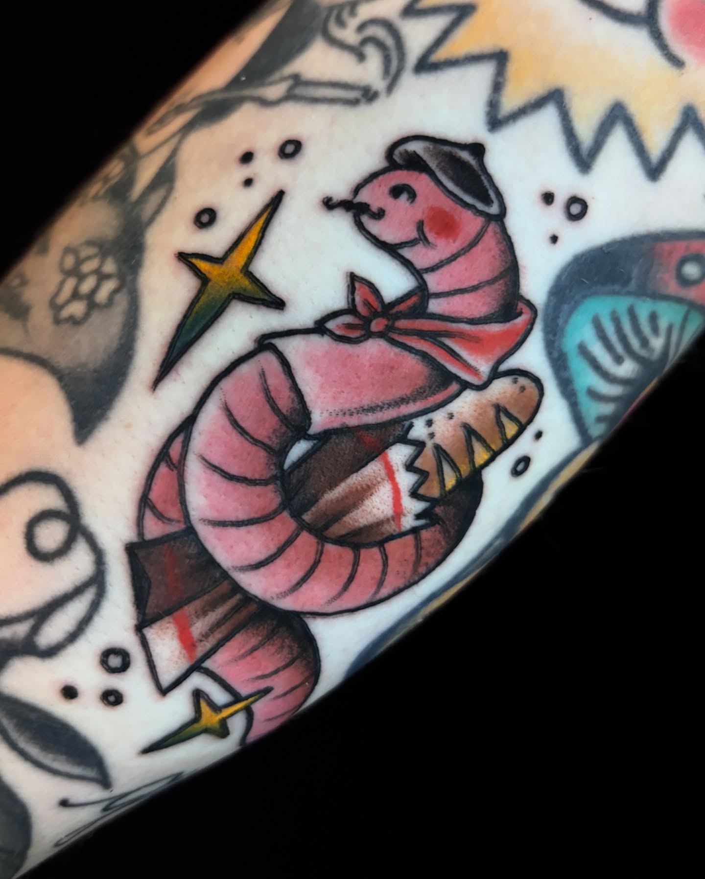 Worm with hat American traditional tattoo on the forearm by π―πππππ