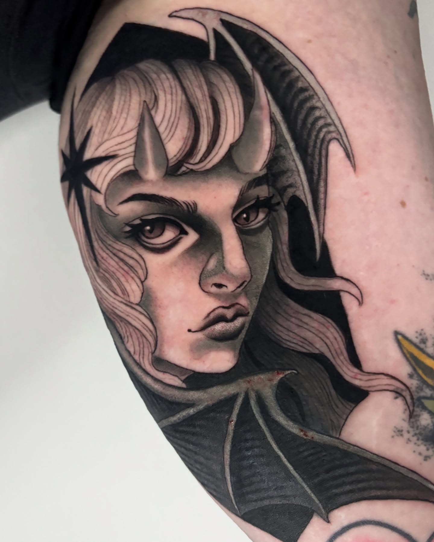 Woman with horns realism tattoo on the forearm by π―πππππ