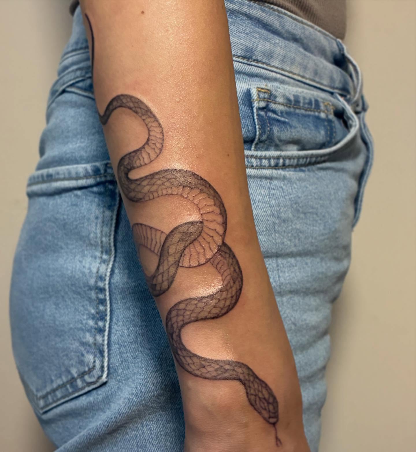 Snake black and grey tattoo on the forearm by Shamalee Delacruz✨