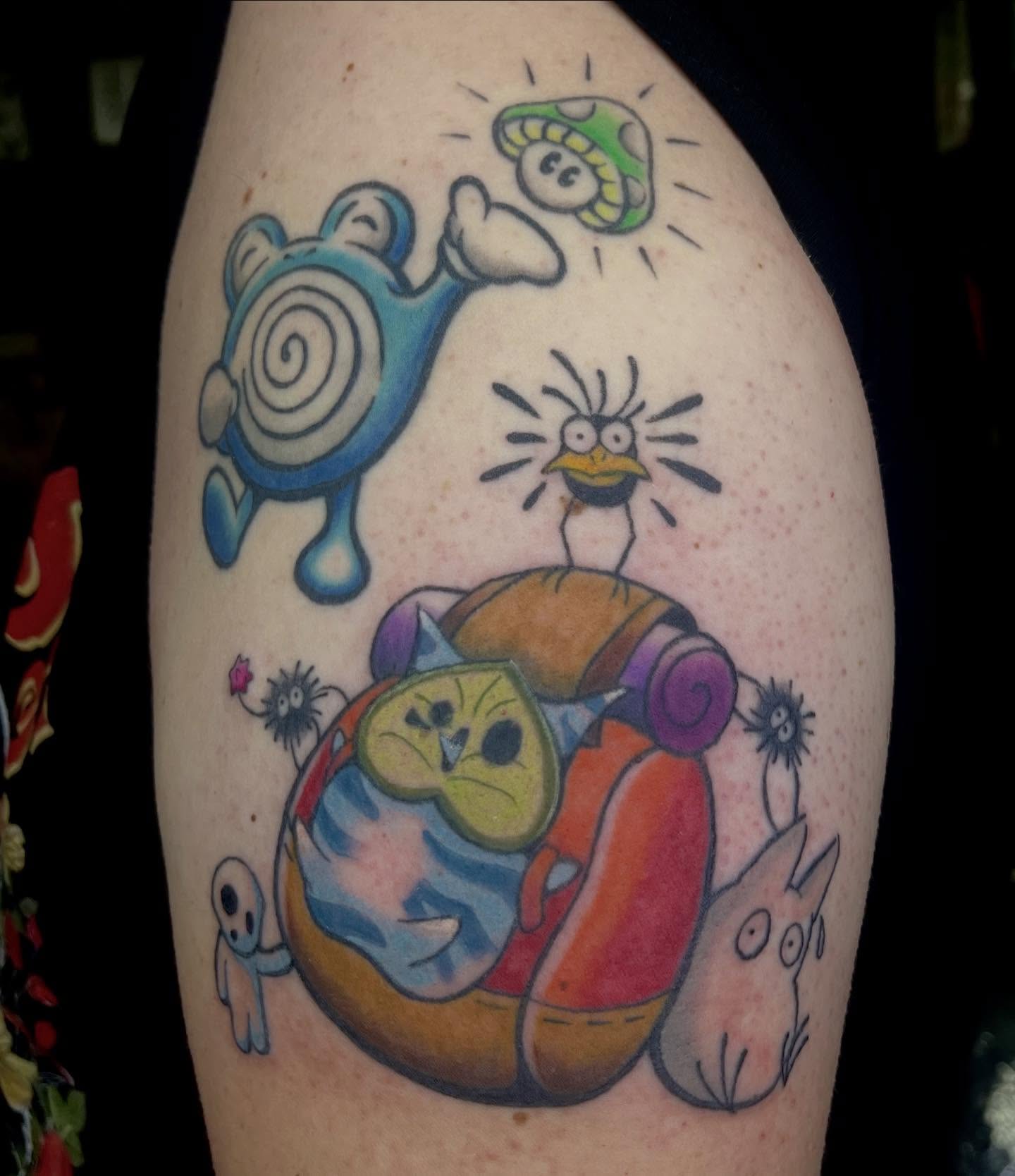 Cartoon characters dotwork tattoo on the thigh by Chase Healey, Salt Lake City, Utah
