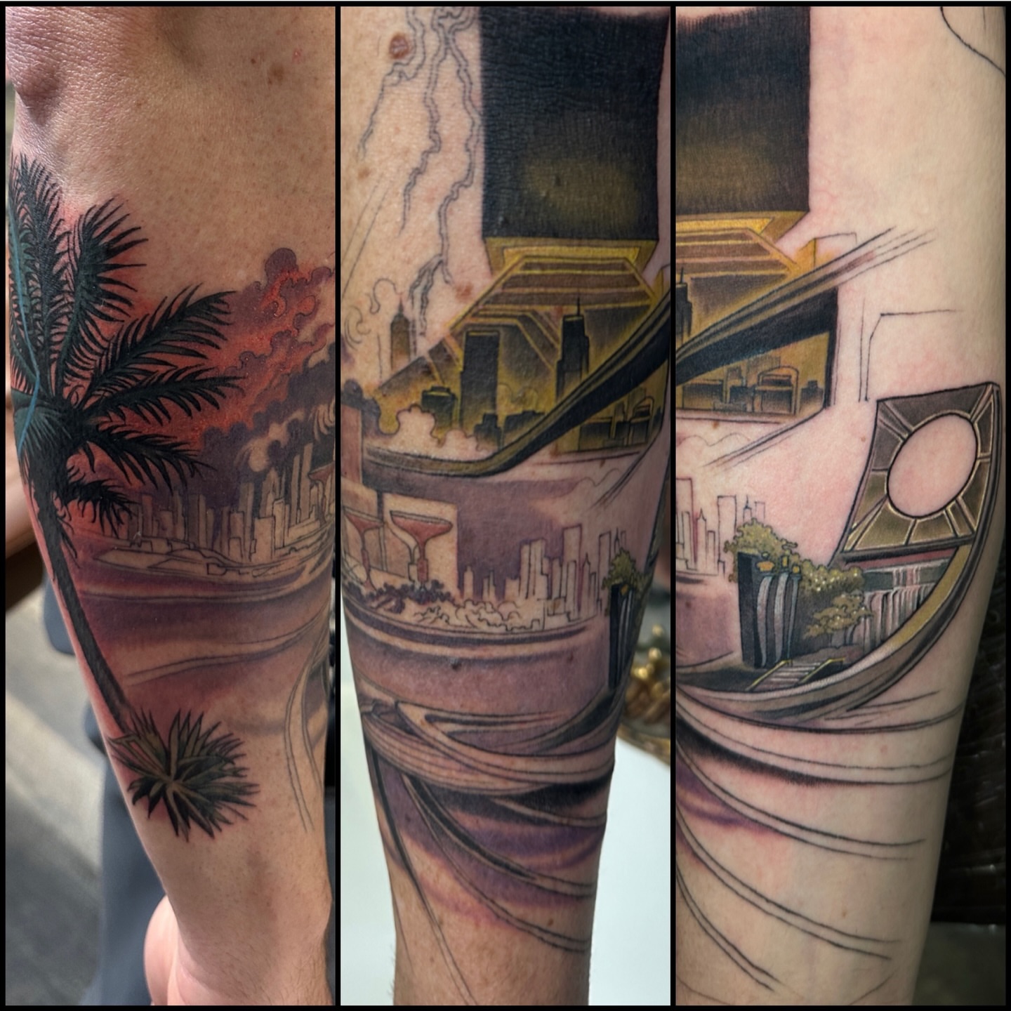Cityscape realism tattoo on the forearm by John Tarrao, Berwyn, Pennsylvania