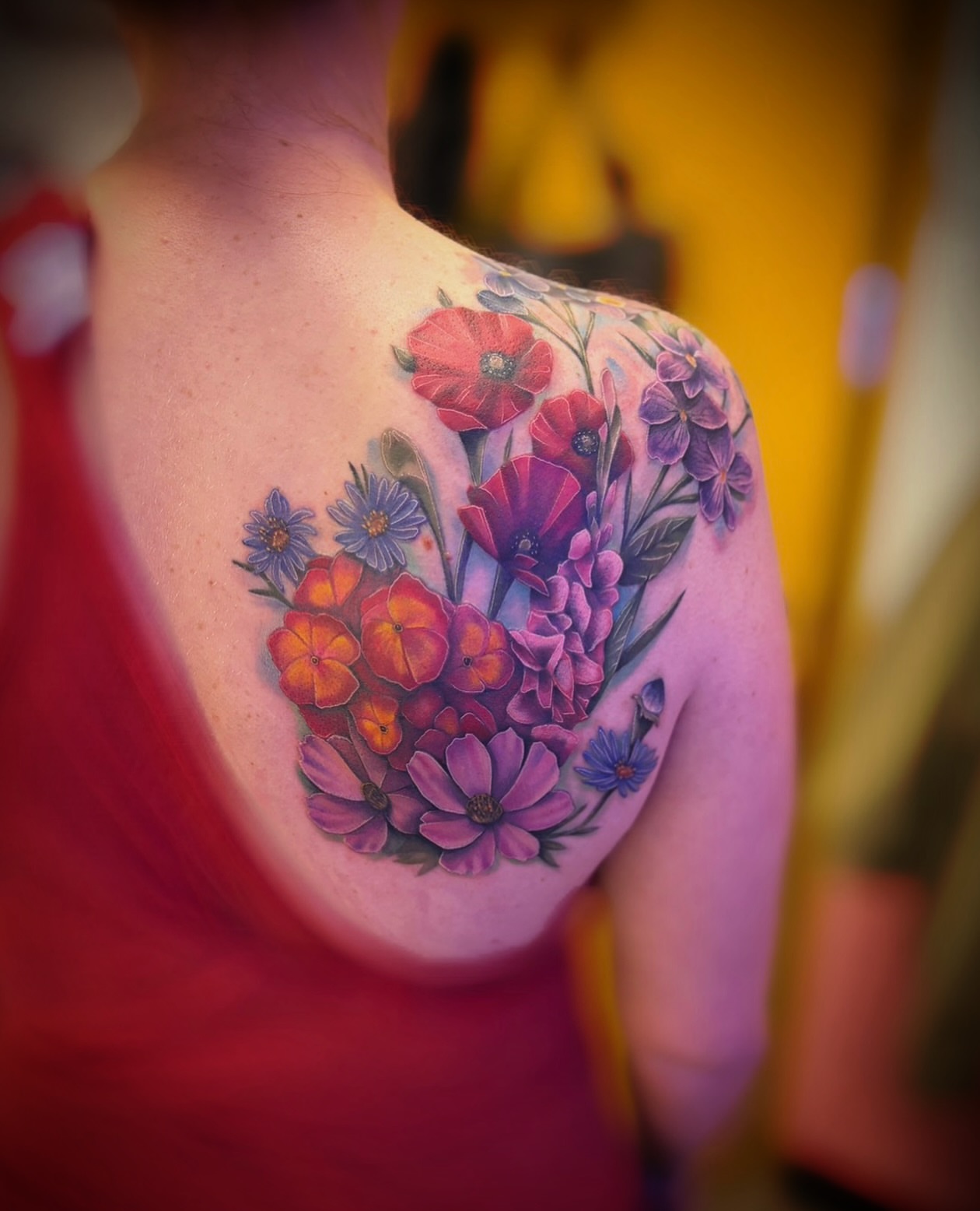 Floral bouquet realism tattoo on the shoulder by Kbryanttattoos, Ohio City, Ohio