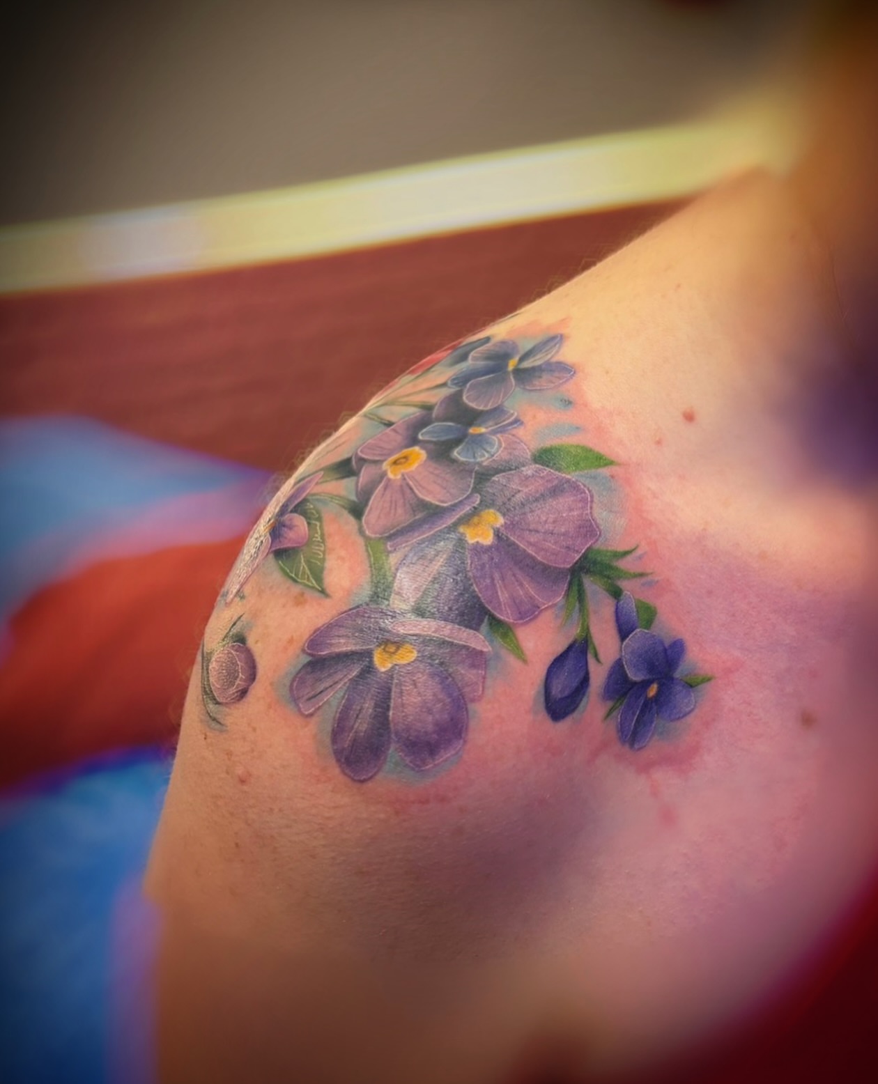 Purple flowers realism tattoo on the shoulder by Kbryanttattoos, Ohio City, Ohio