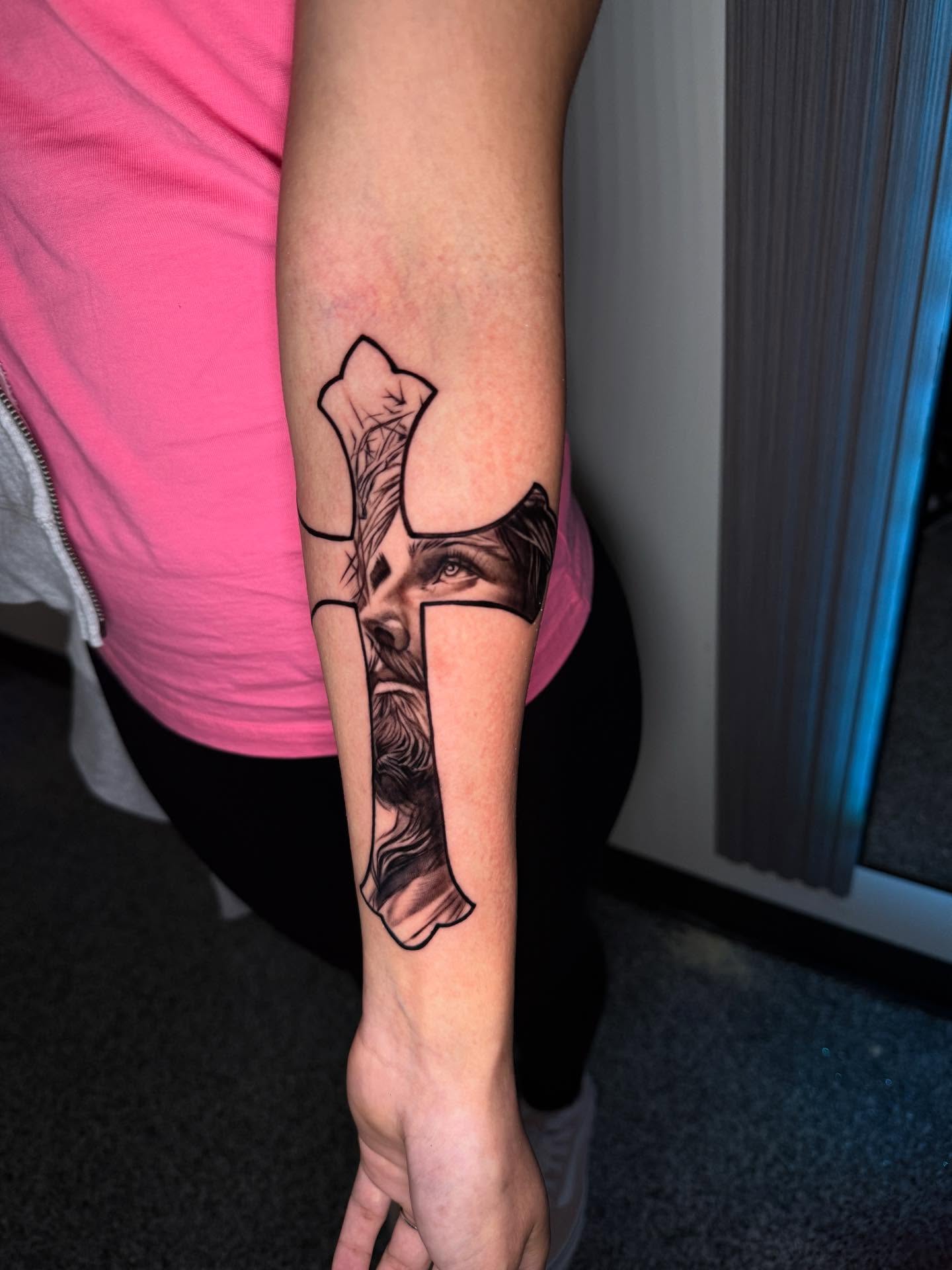 Woman's face black and grey tattoo on the forearm by 📍 Austin