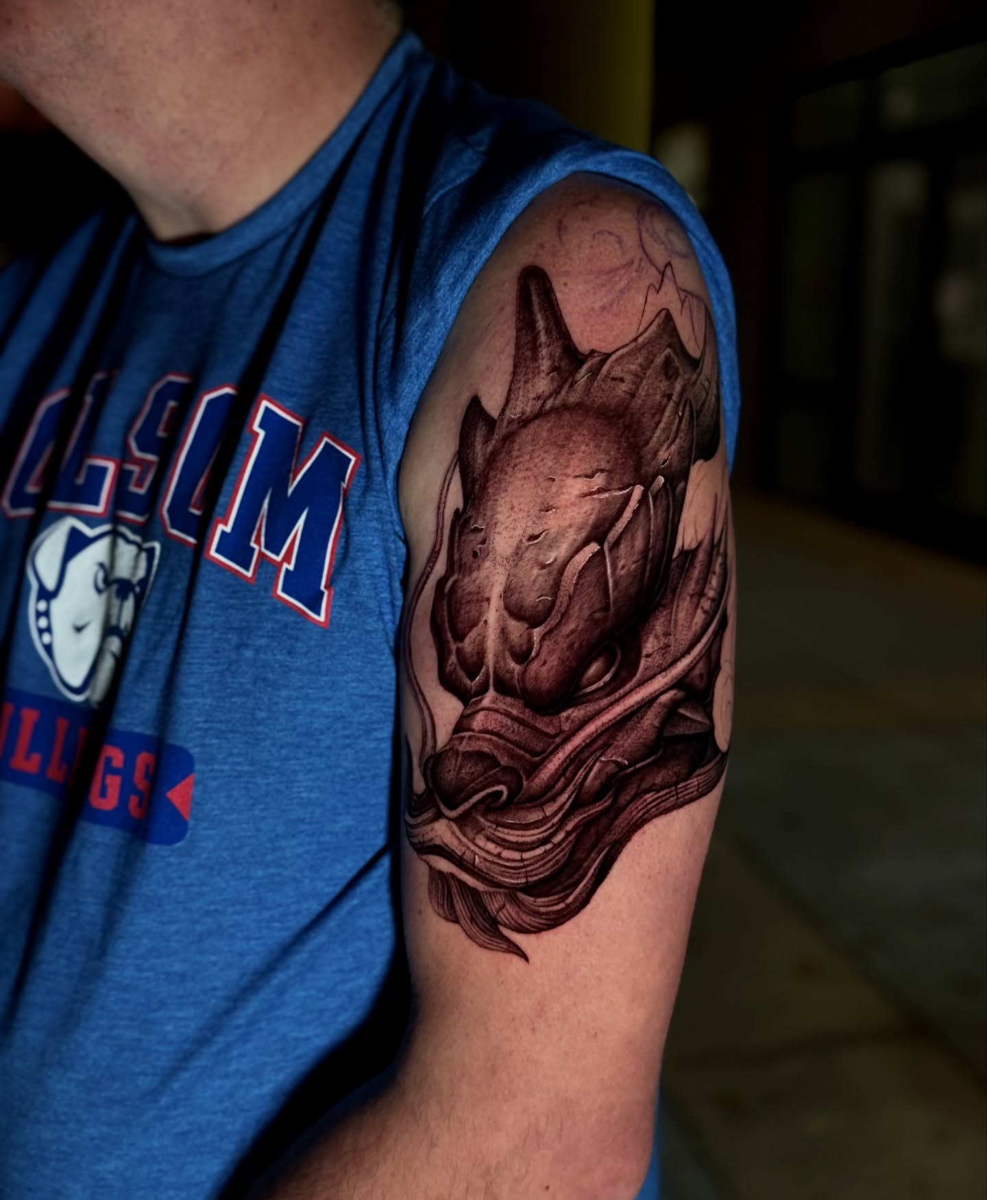 Rhino head realism tattoo on the shoulder by Anh Nguyen