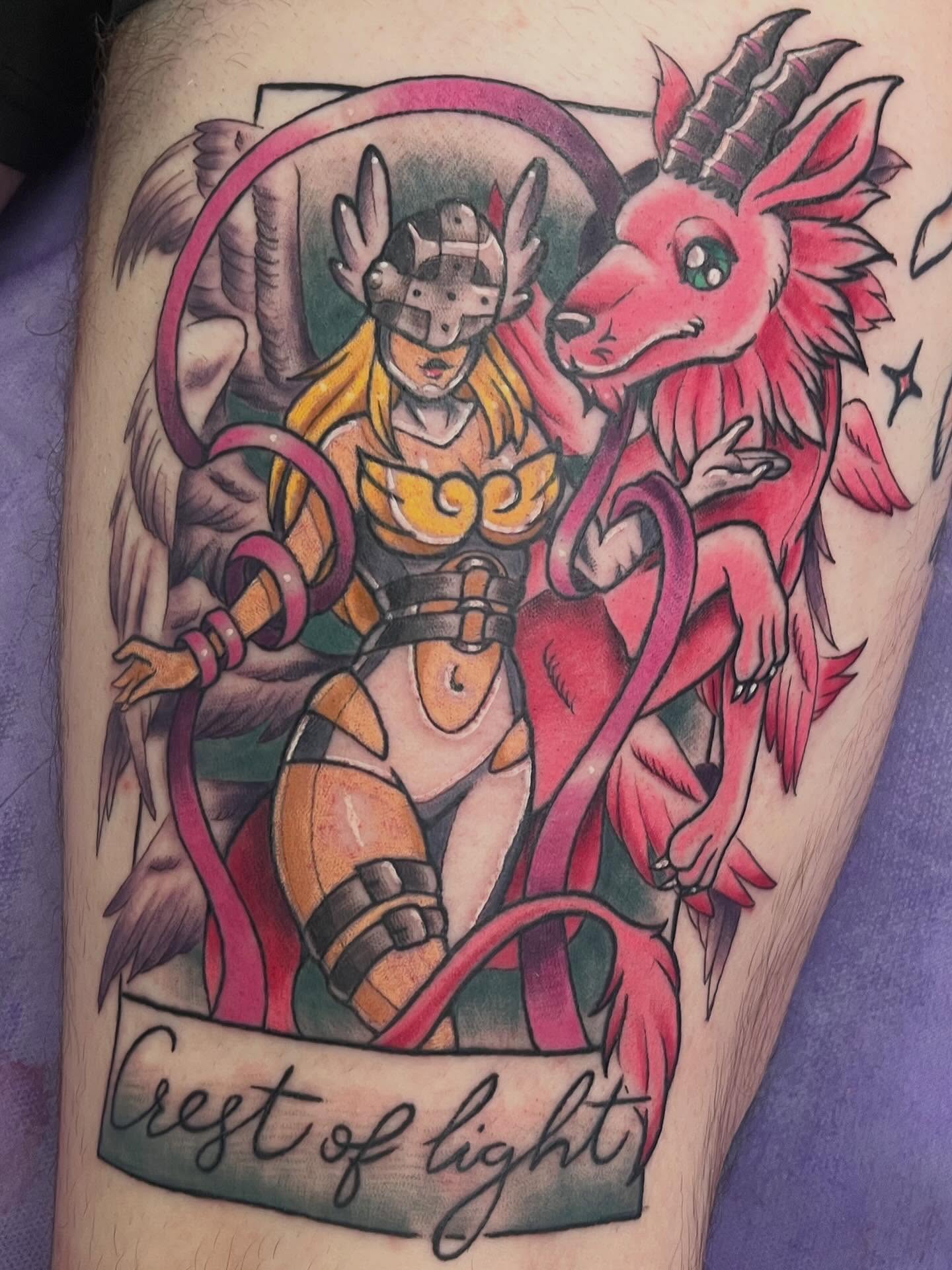 Goat and warrior anime tattoo on the thigh by Kat (Scout) Bogart