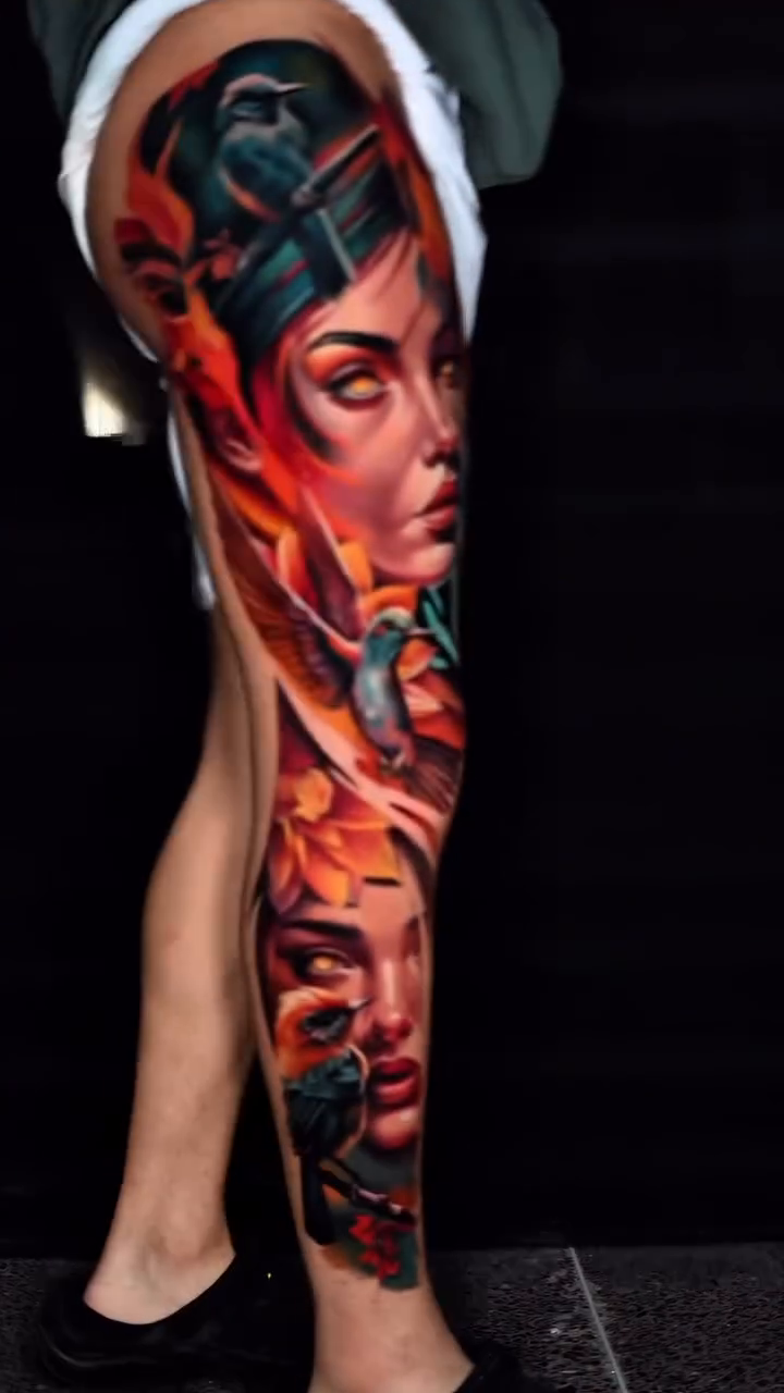 Woman with fiery elements realism tattoo by Bishop Tattoo