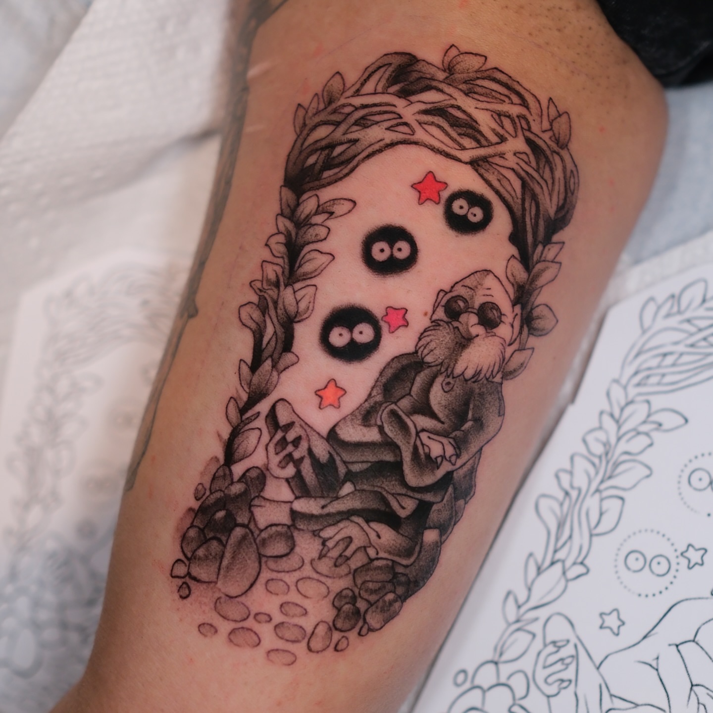 Tattoo by @coztic_tatt — dotwork, anime