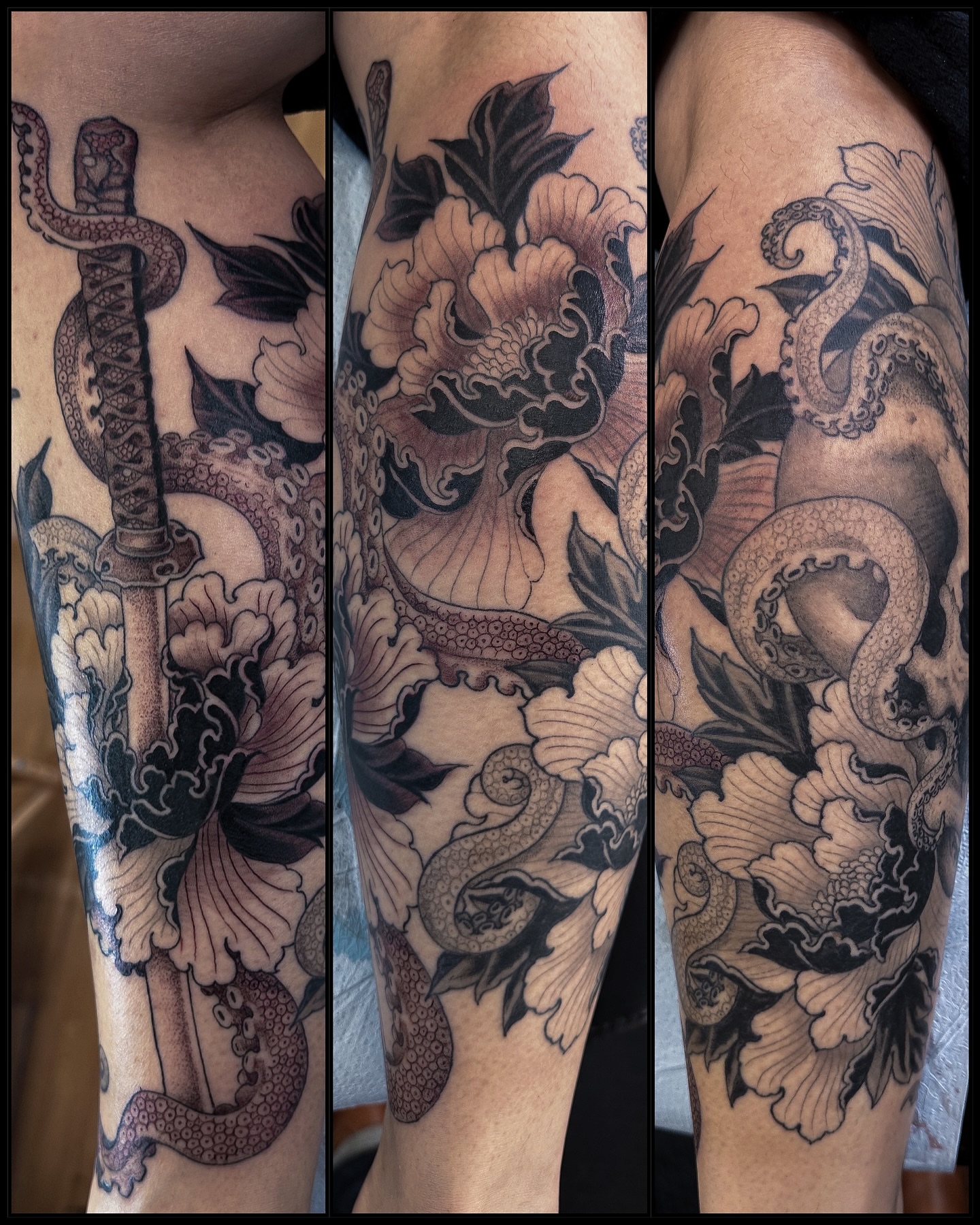 Octopus and floral japanese irezumi tattoo on the forearm by Colin Kenji Baker, San Jose, California