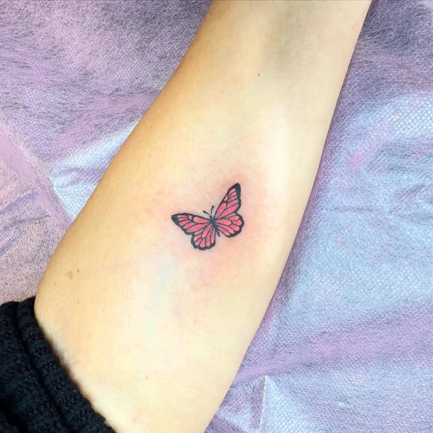 Butterfly dotwork tattoo on the forearm by Taytum Marsing, Salt Lake City, Utah