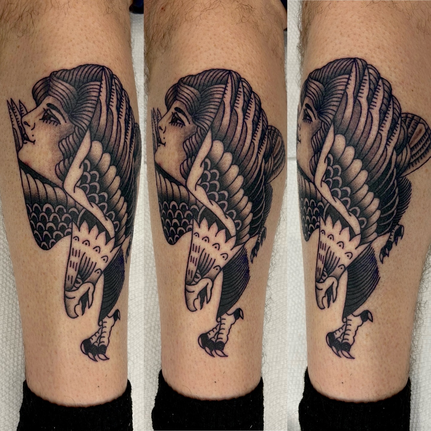 Winged woman American traditional tattoo on the forearm by Austin C Pratt-Fusari