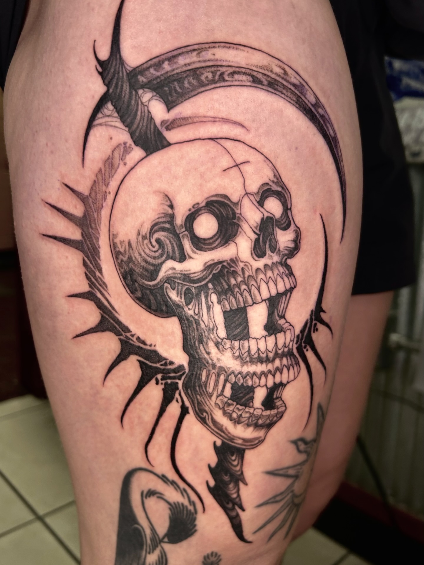 Tattoo by @thecursedmagus — black_and_grey