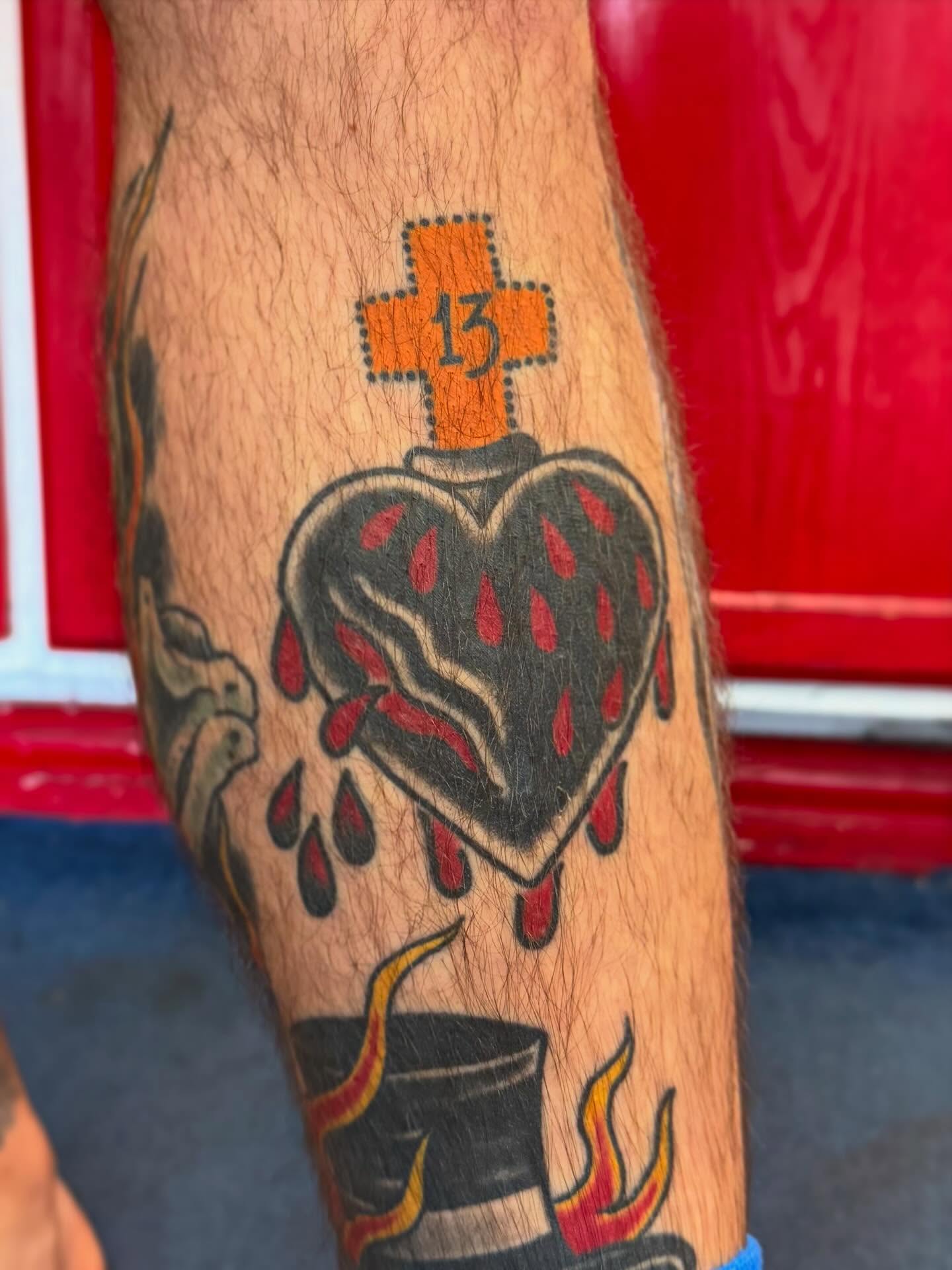 Heart with cross American traditional tattoo on the forearm by David Steed, Dallas, Texas