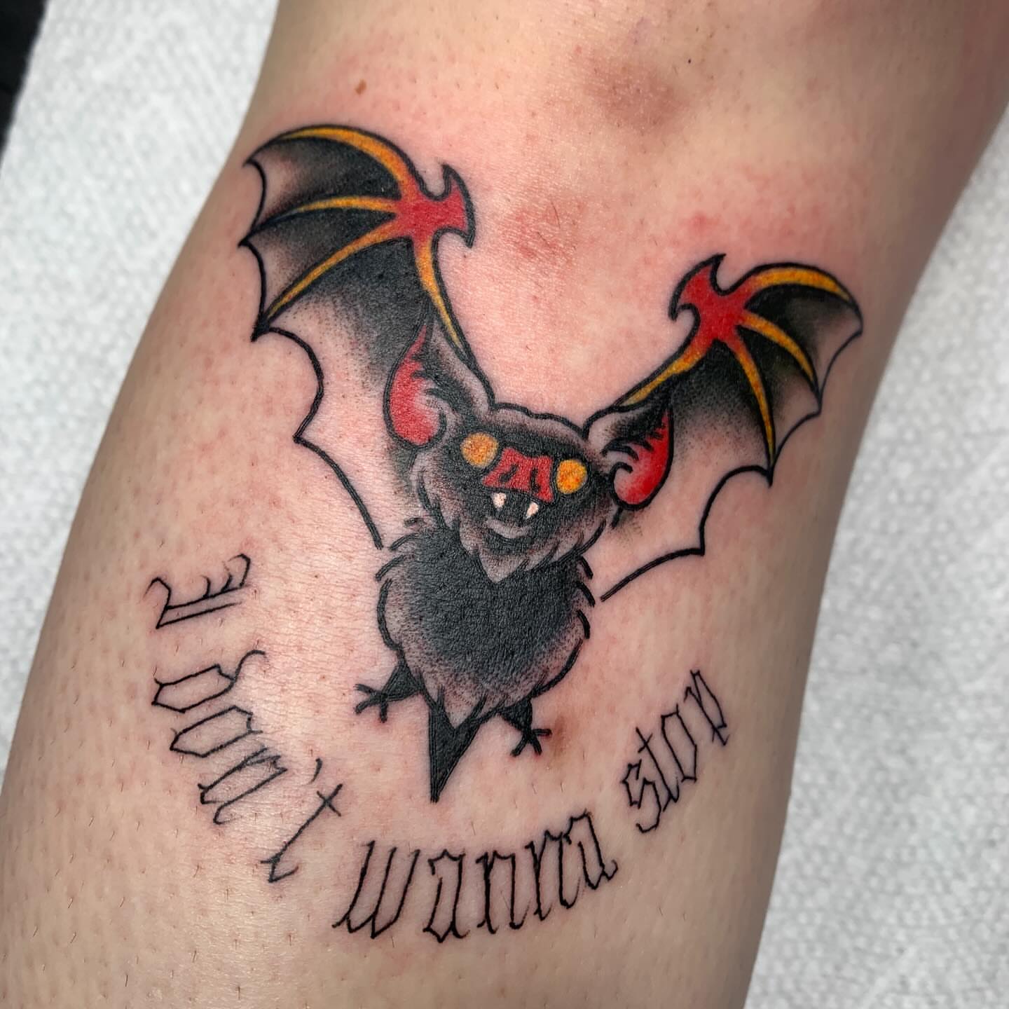 Bat American traditional tattoo on the forearm by April Morris ⚔️ Tattoo Goblin