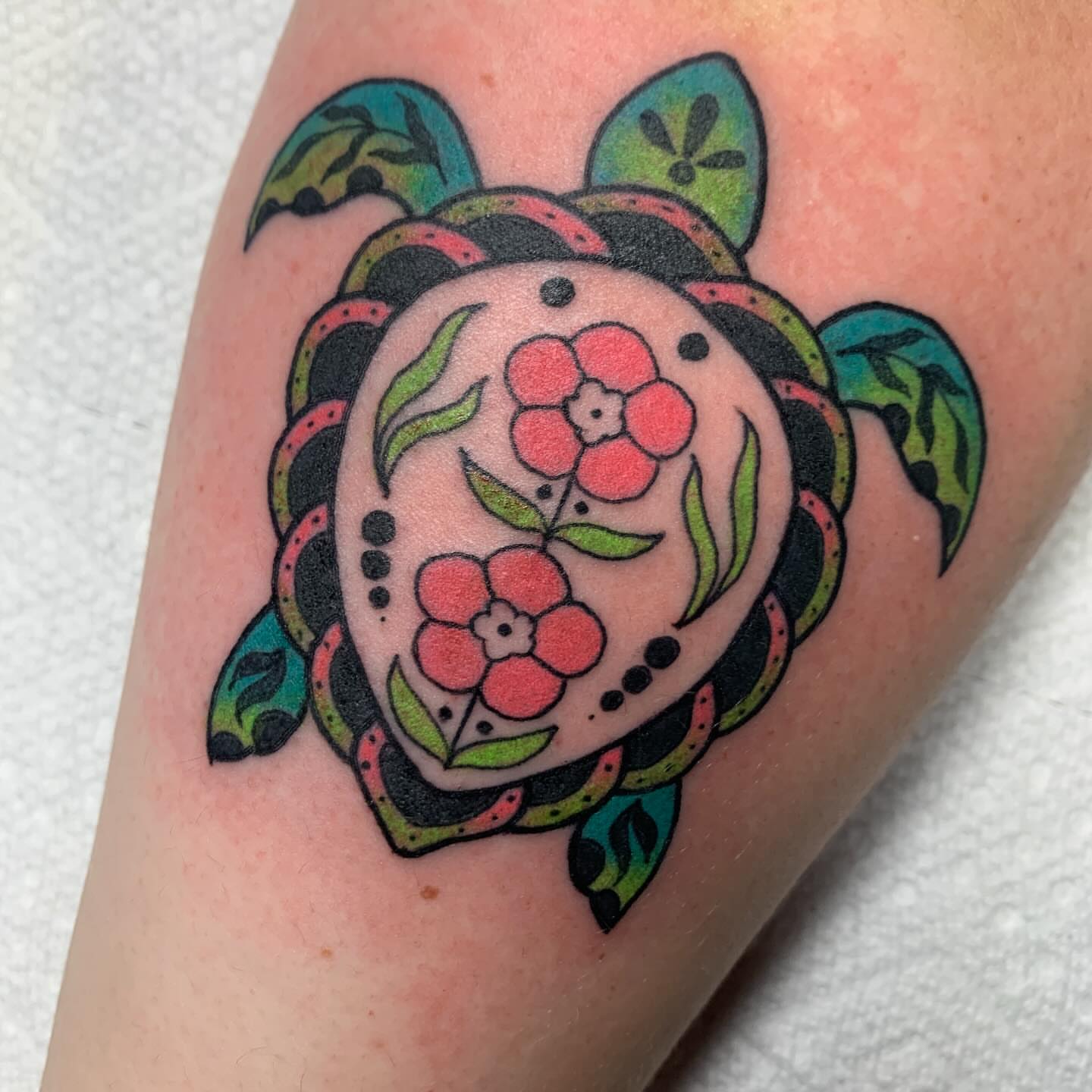 Turtle American traditional tattoo on the forearm by April Morris ⚔️ Tattoo Goblin
