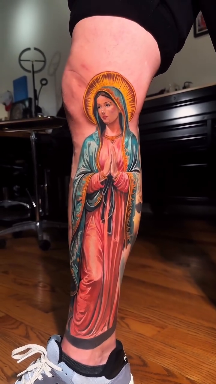 Virgin Mary tattoo Chicano tattoo on the leg by angel.antonio.tattoos