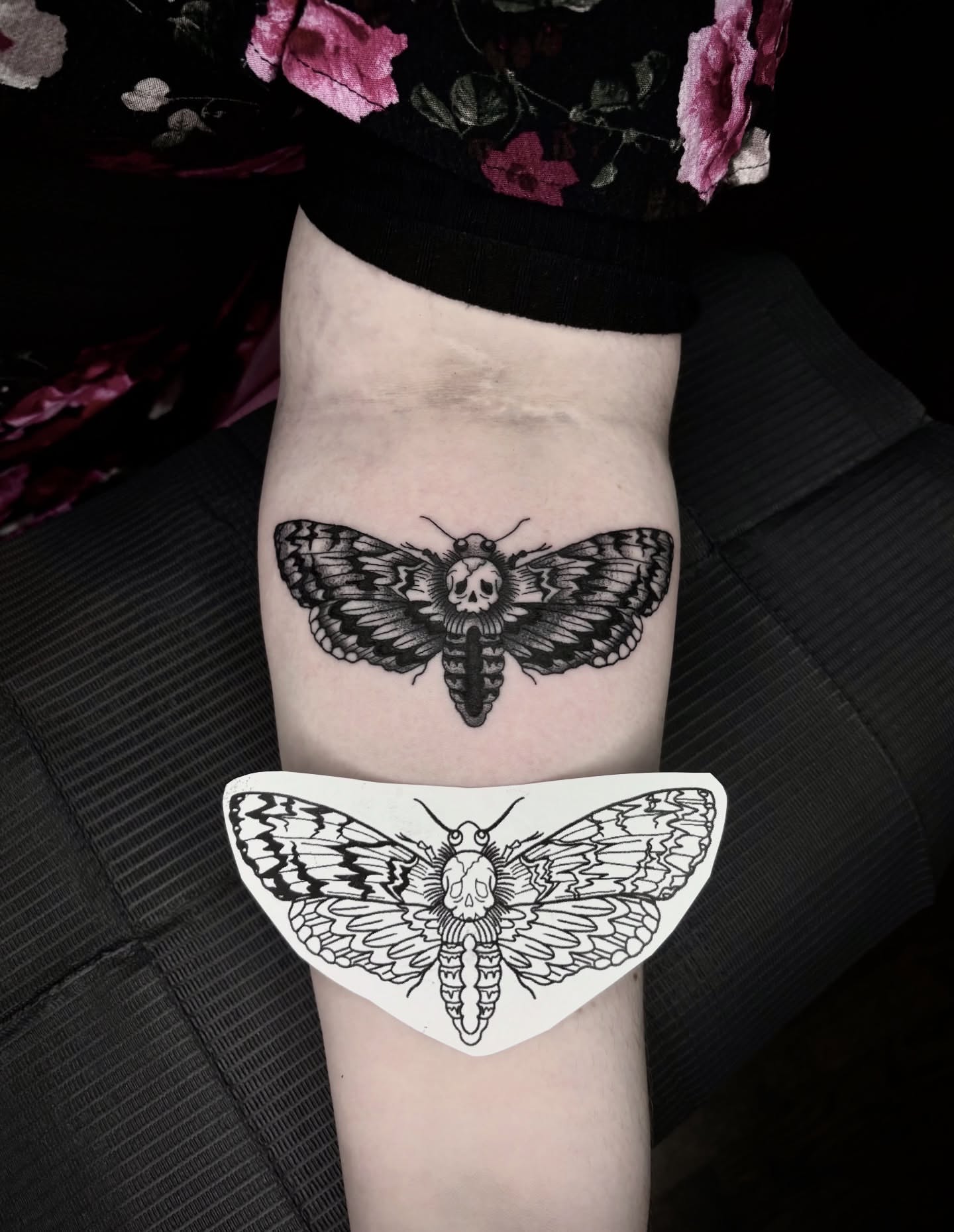 Death moth black and grey tattoo on the forearm by Soorya ✨Seattle Tattoo Artist✨