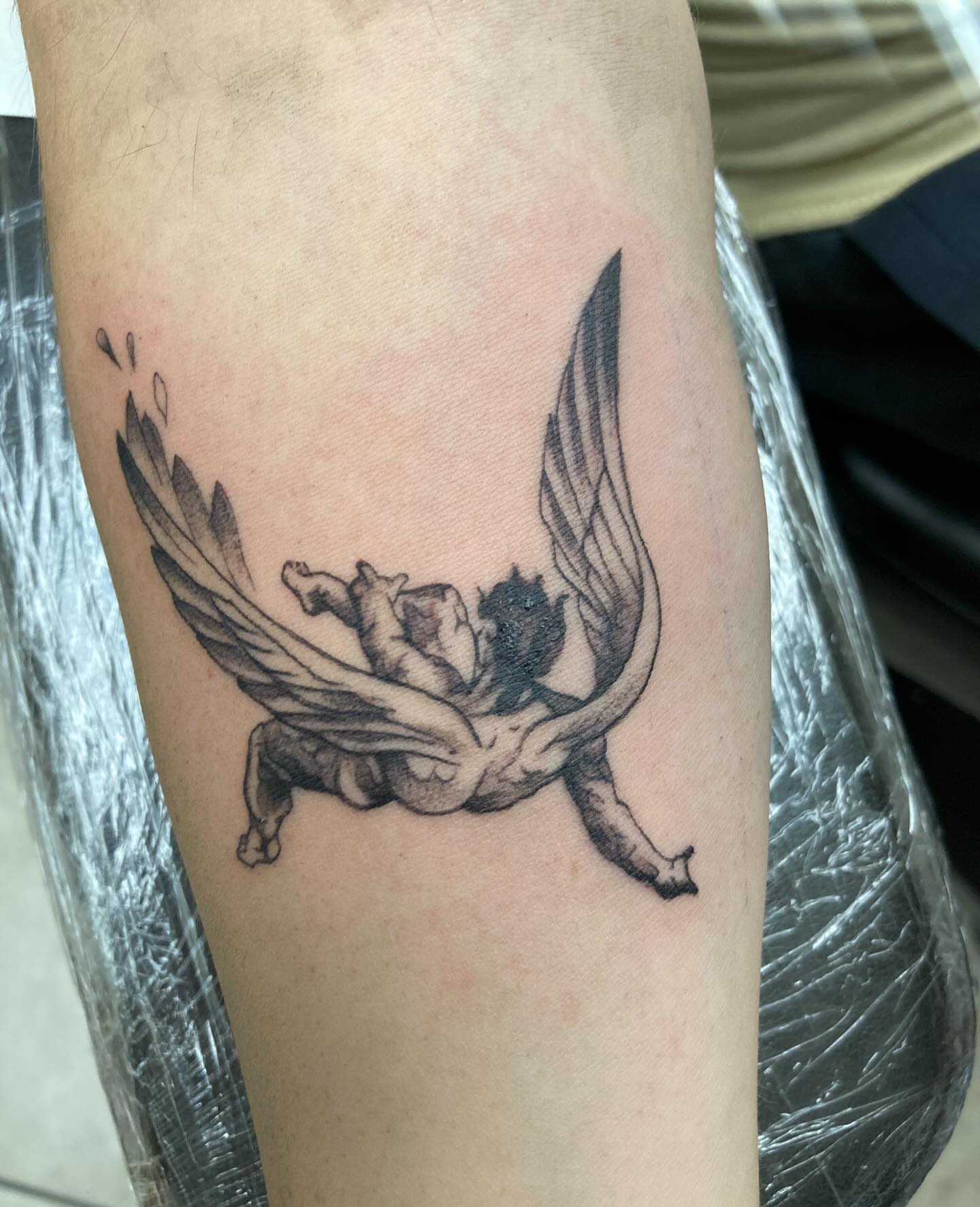 Winged creature black and grey tattoo on the forearm by Hot Dawg