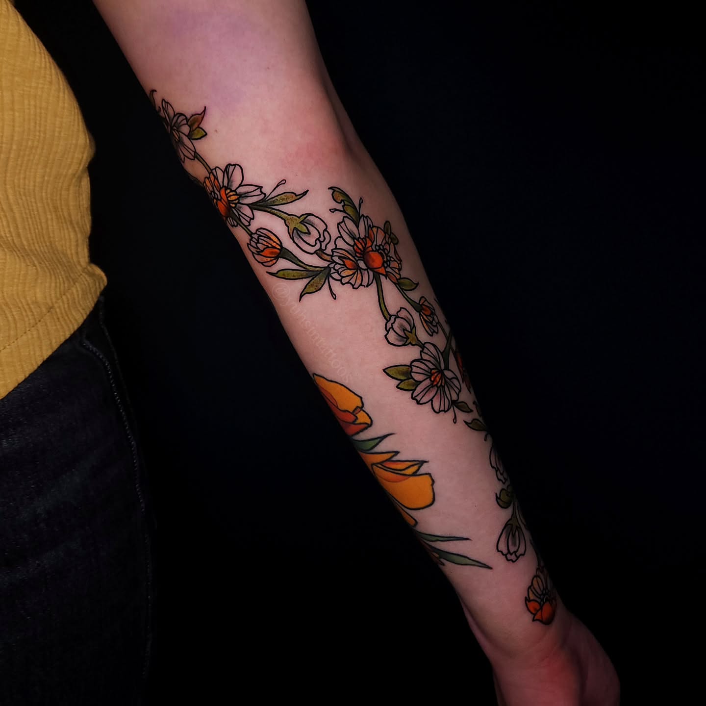 Floral arrangement new school tattoo on the forearm by Sheena Yu-Hsin Wood