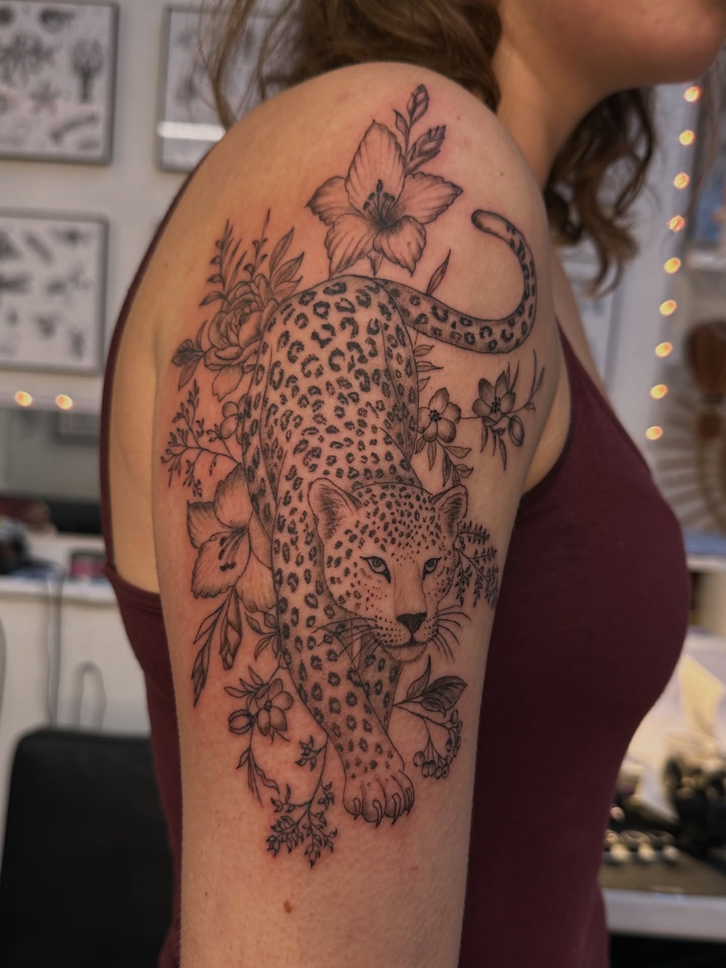 Leopard and flowers dotwork tattoo on the shoulder by Piccolino, Cambridge, Massachusetts