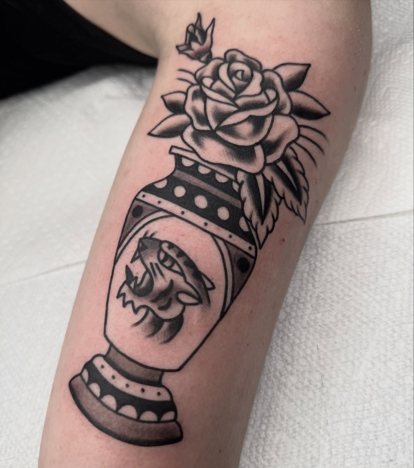 Rose in vase black and grey tattoo on the forearm by Drew🕸️, Phoenix, Arizona