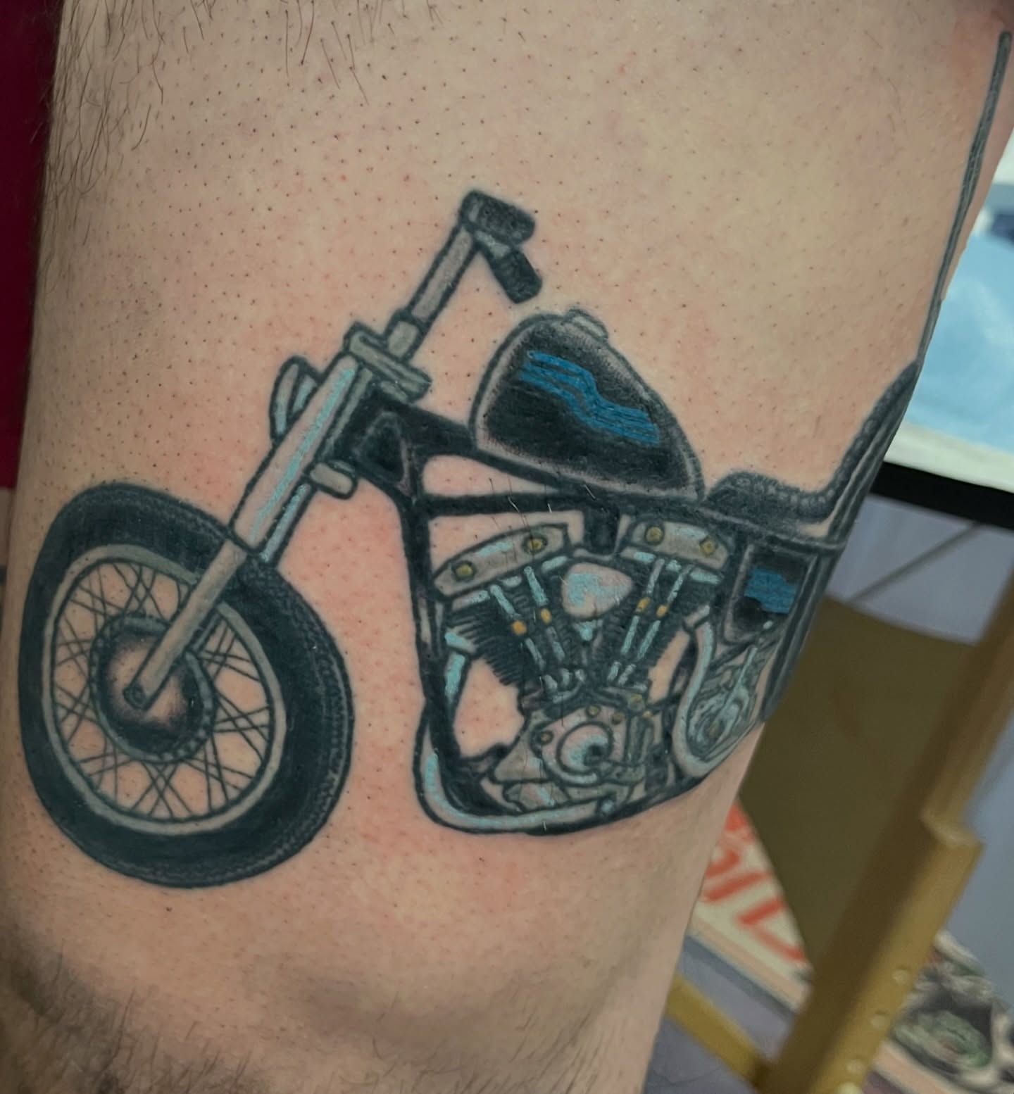 Motorcycle black and grey tattoo on the thigh by You’ll save me in your phone as Tattoo Tim