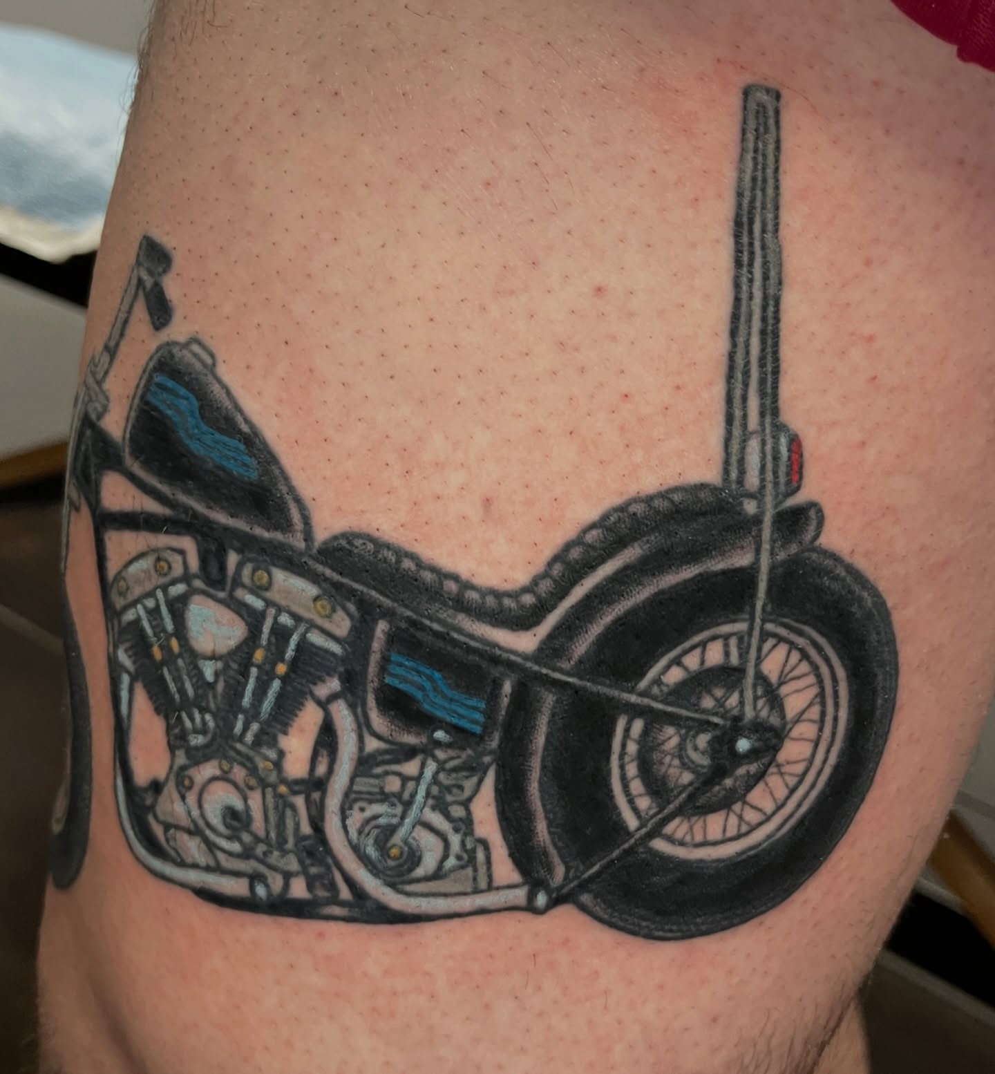 Motorcycle realism tattoo on the thigh by You’ll save me in your phone as Tattoo Tim