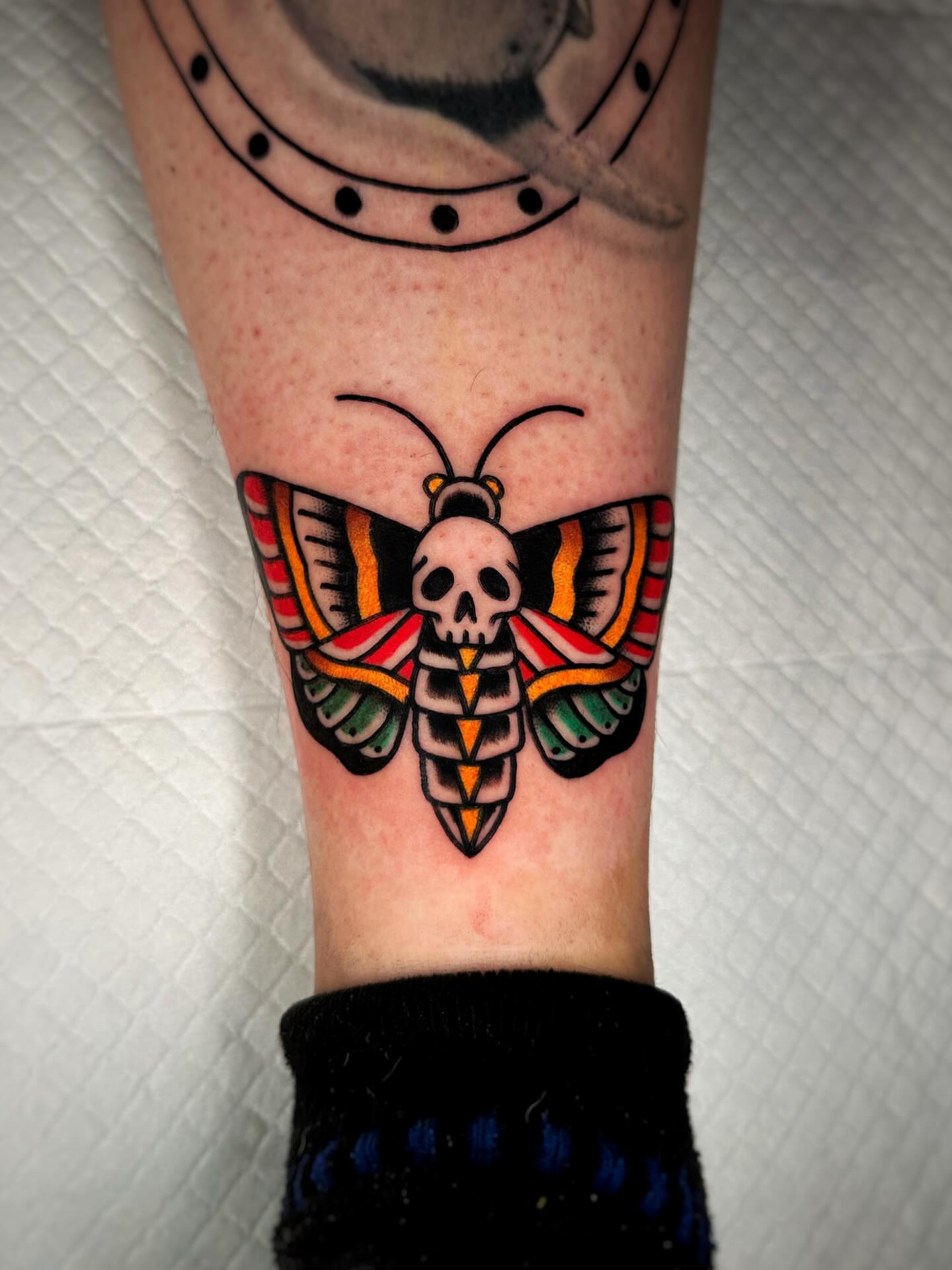Death moth American traditional tattoo on the forearm by Alex Finnerty, Reading, Massachusetts