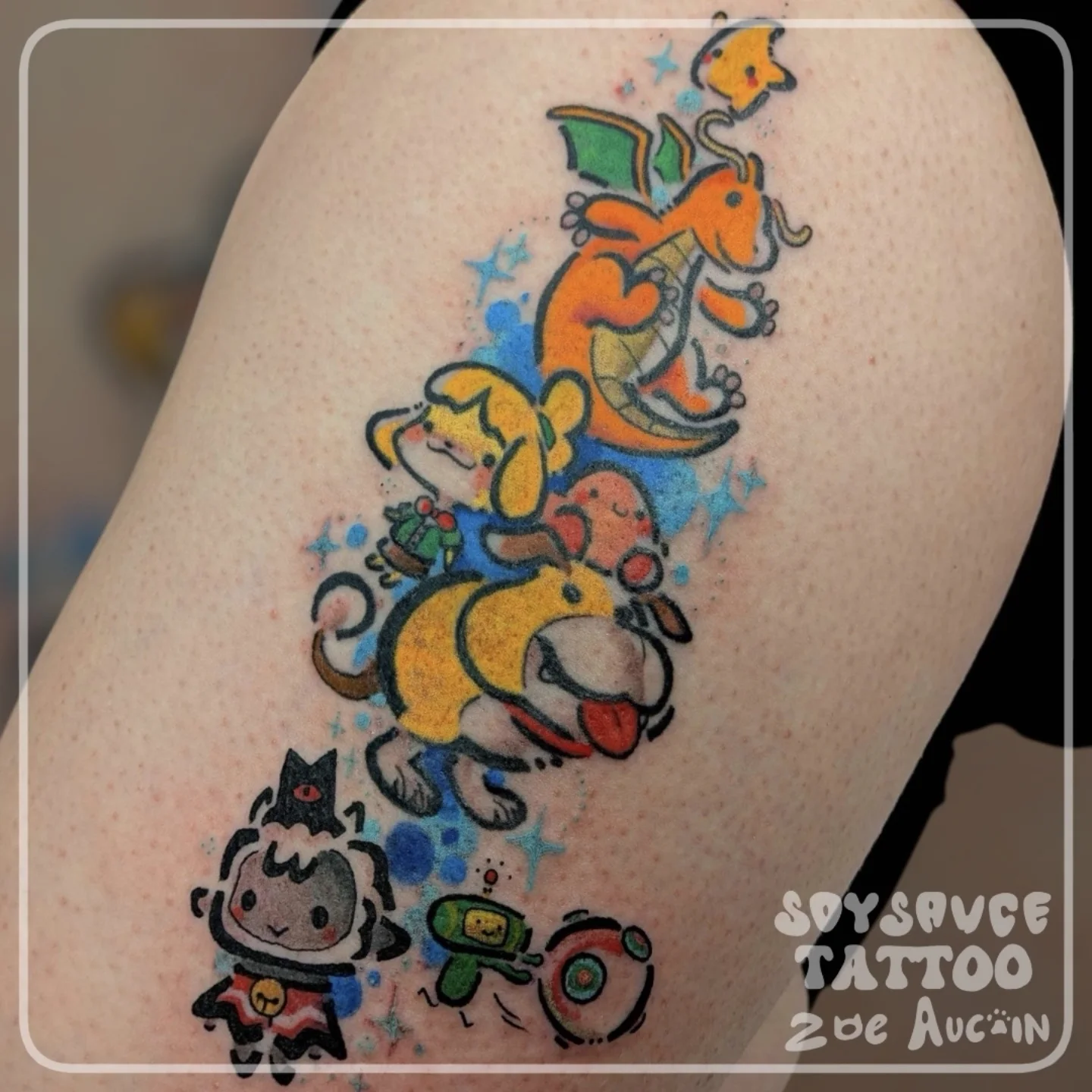 Pokémon characters new school tattoo on the thigh by Zoe Aucoin