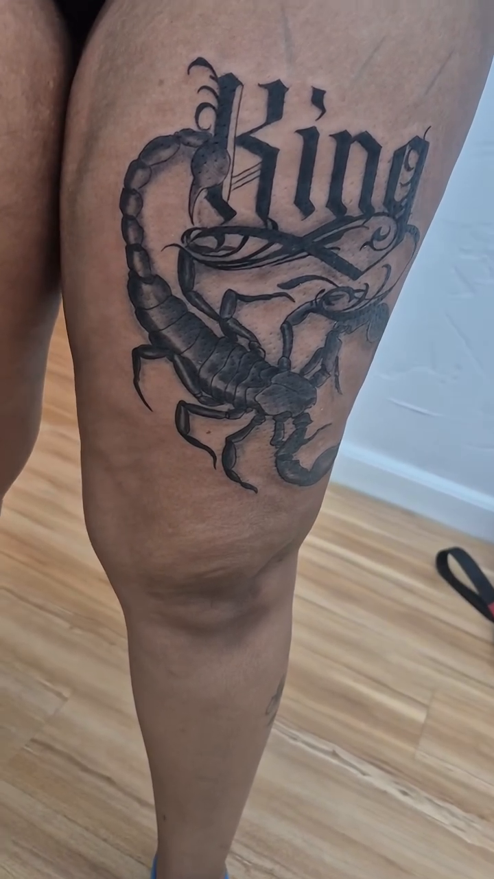 King scorpion lettering script tattoo by Chris TL Jones