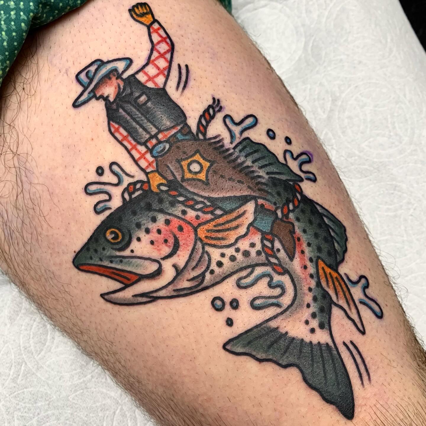 Fisherman riding fish American traditional tattoo on the thigh by Los Angeles Tattoo Artist
