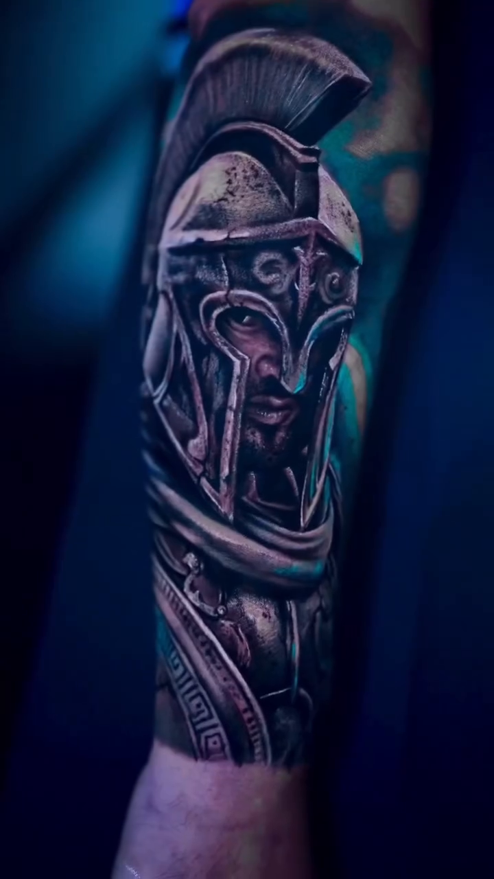 Spartan warrior helmet and face realism tattoo by Yasmani ramirez