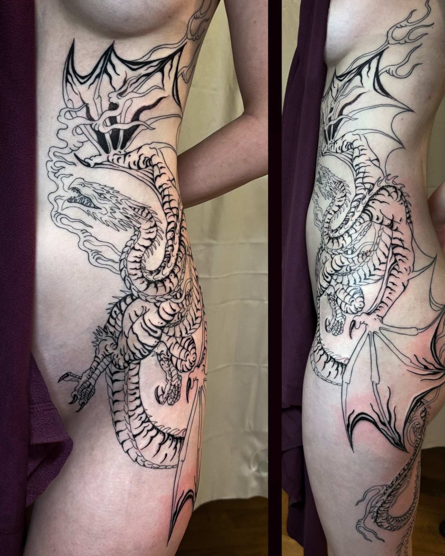 Dragon realism tattoo on the thigh by Colin Kenji Baker, San Jose, California