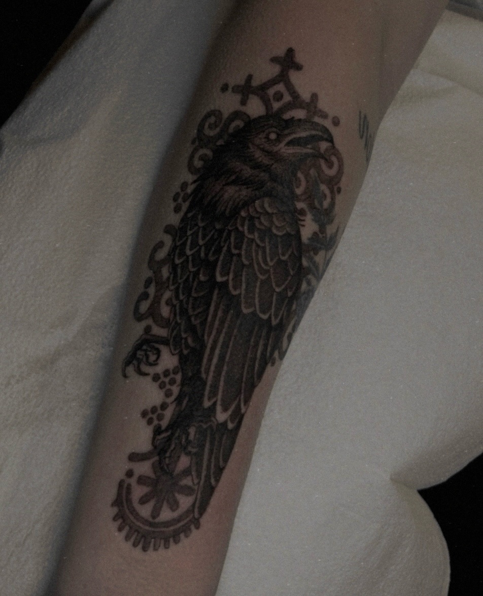 Eagle black and grey tattoo on the forearm by Kat McCoy Guidera, Nashville, Tennessee