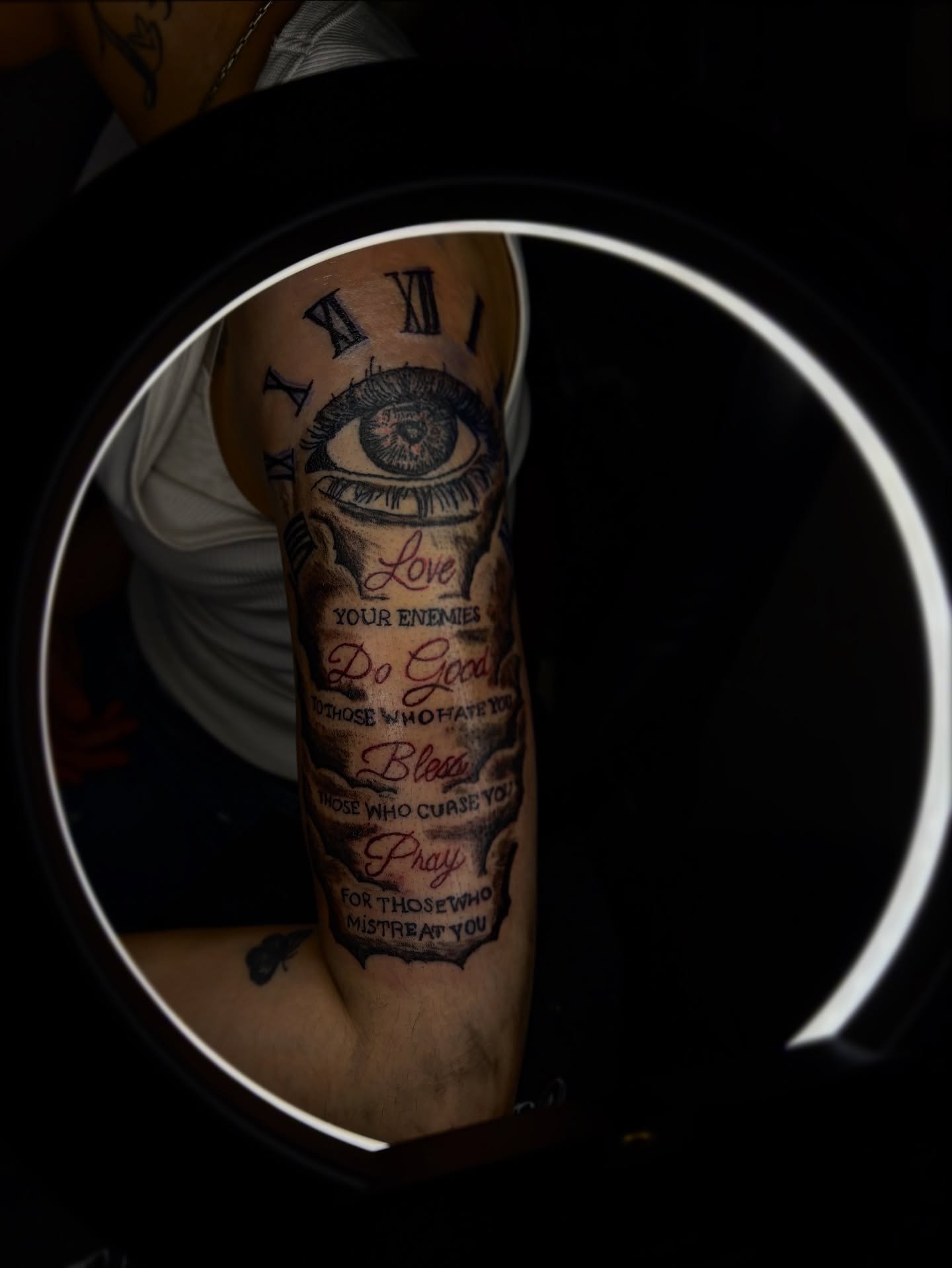 Eye and inspirational text black and grey tattoo on the forearm by Winter j