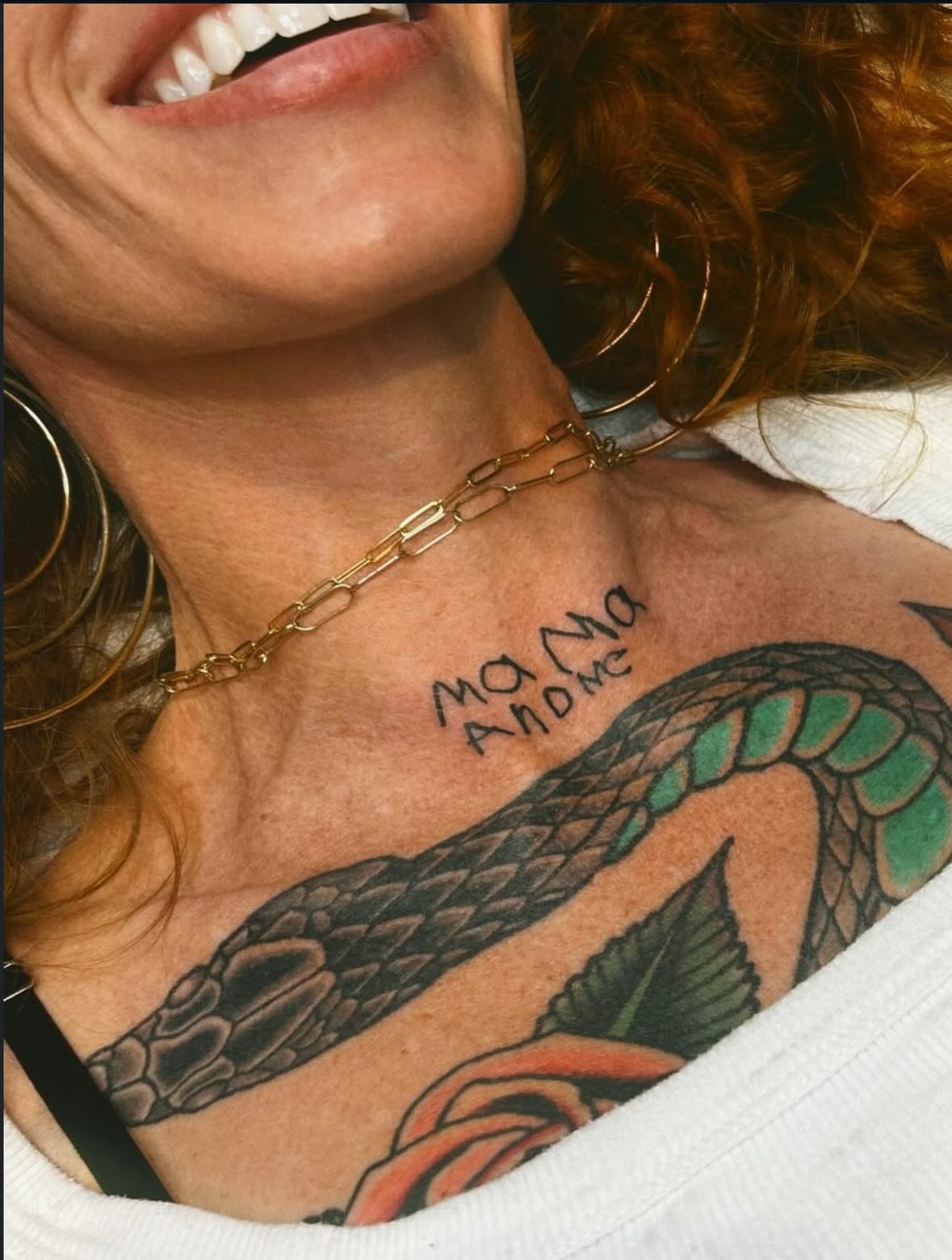 Snake and peony American traditional tattoo on the neck by ๐๐๐ฏ๐ข๐ซ