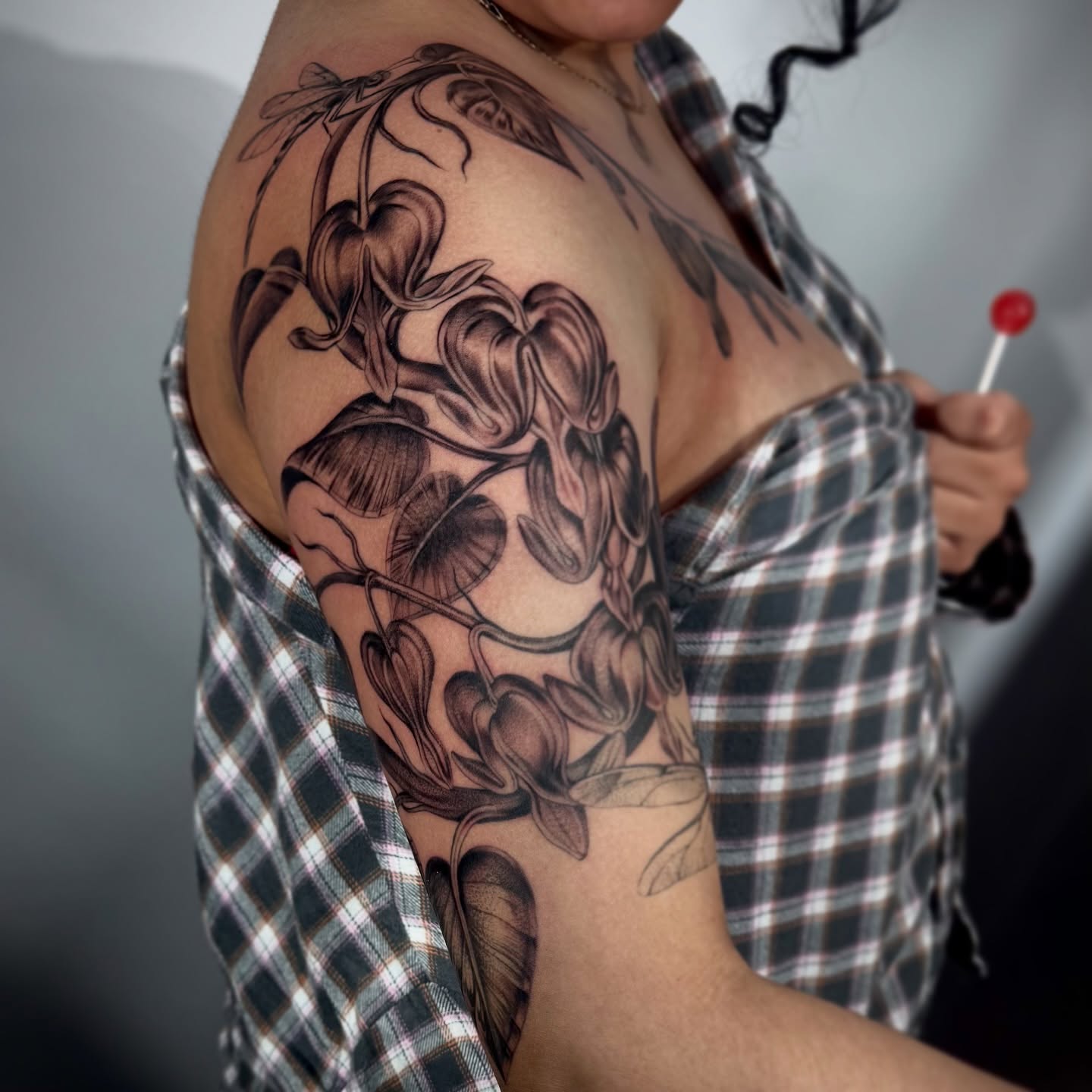 Orchid black and grey tattoo on the shoulder by Tattoos.byDahlia, Austin, Texas