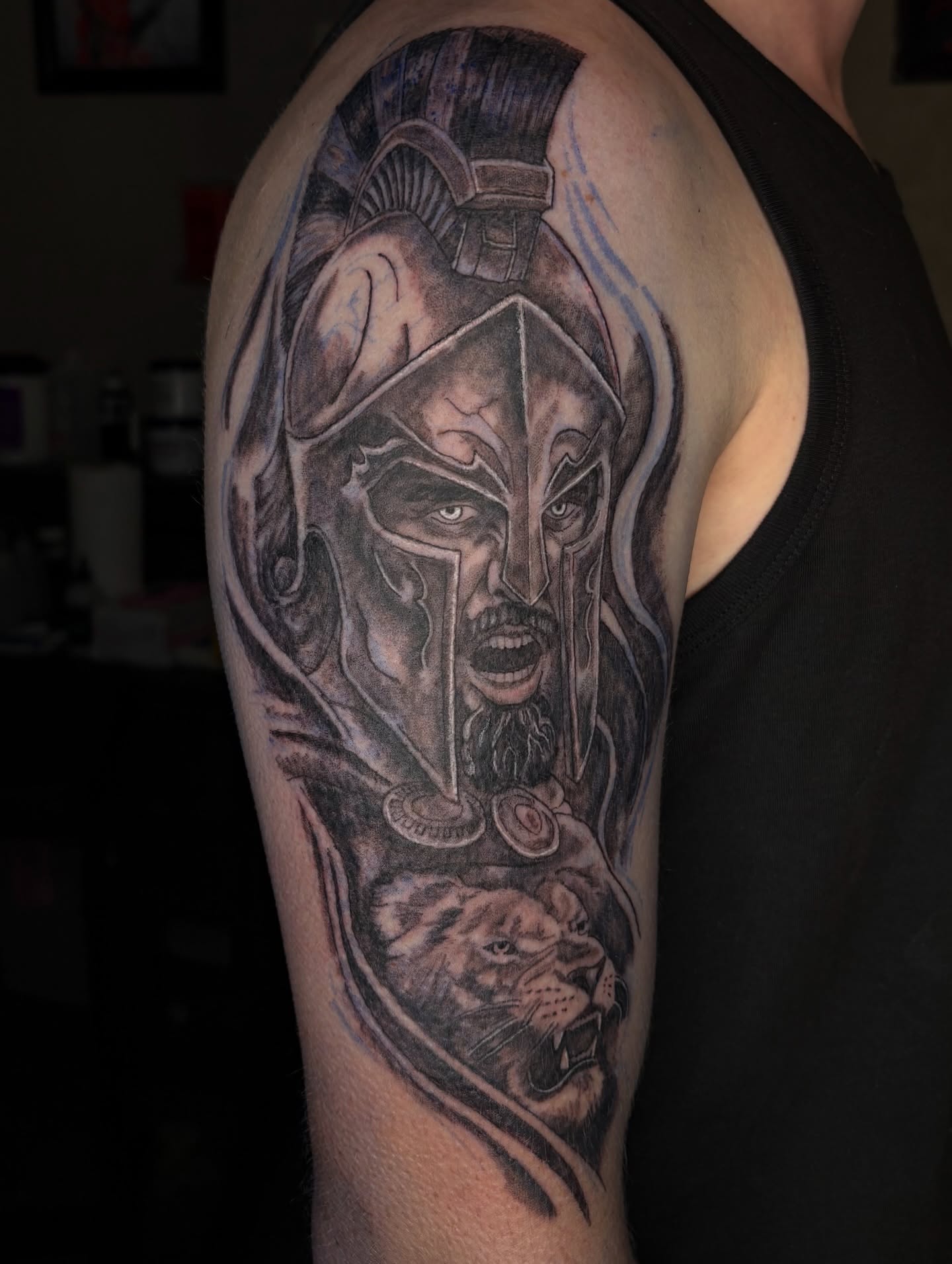Spartan warrior realism tattoo on the shoulder by Evan Chastain