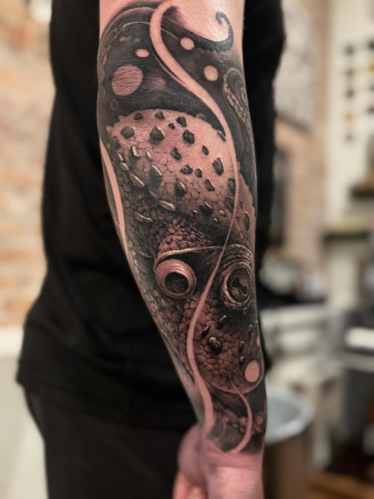 Octopus dotwork tattoo on the forearm by Gabe Jensen