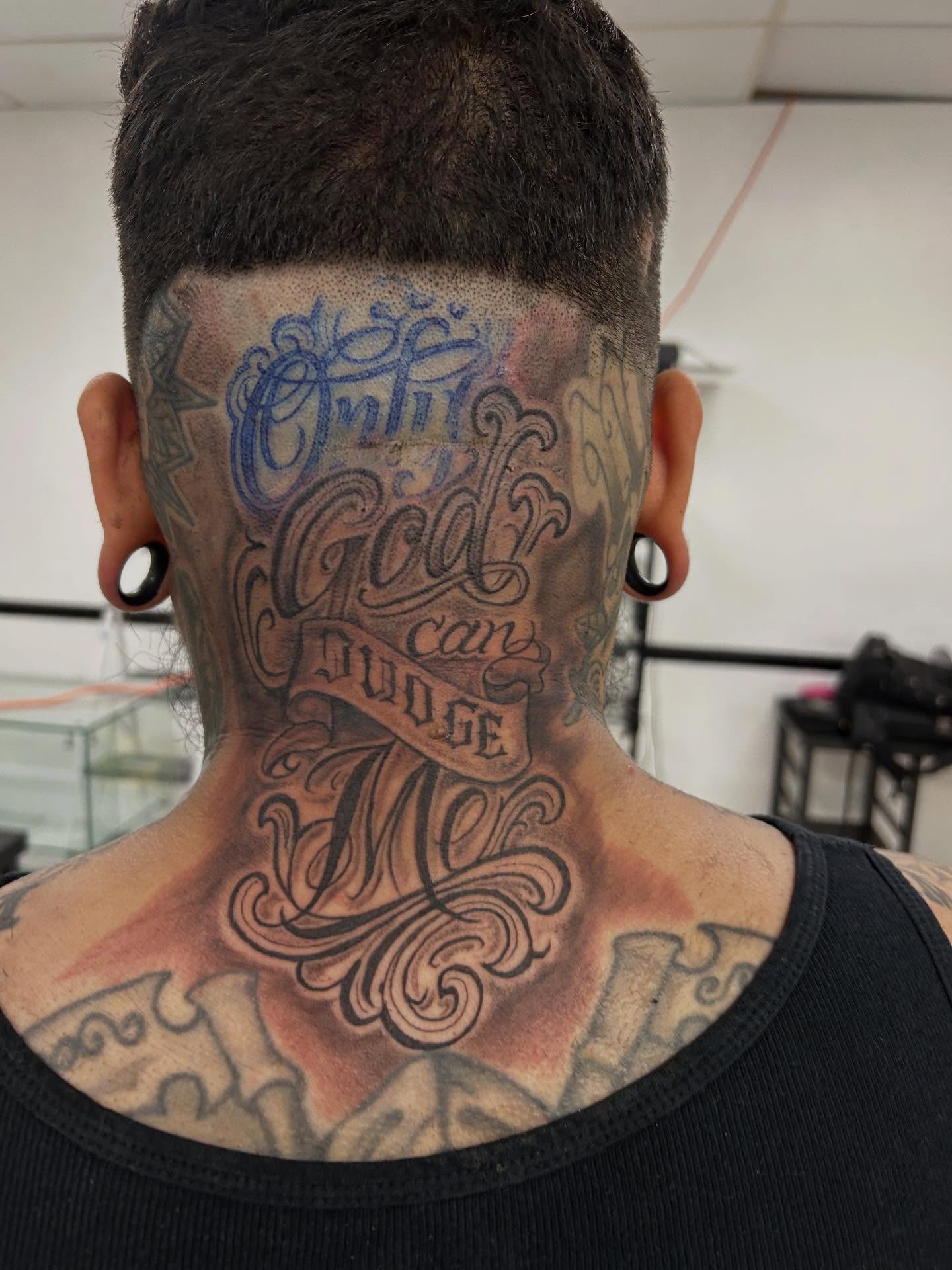 Script lettering lettering script tattoo on the neck by Cyko Hernandez